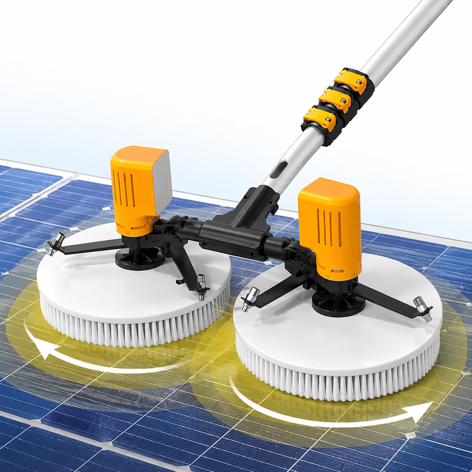 vnmudzeo Dual Head PV Panel Cleaning Brush with Telescopic Pole – Electric Water Fed Solar Panel Cleaner with Upgraded Nylon Bristles 7.5m(24.6ft)
