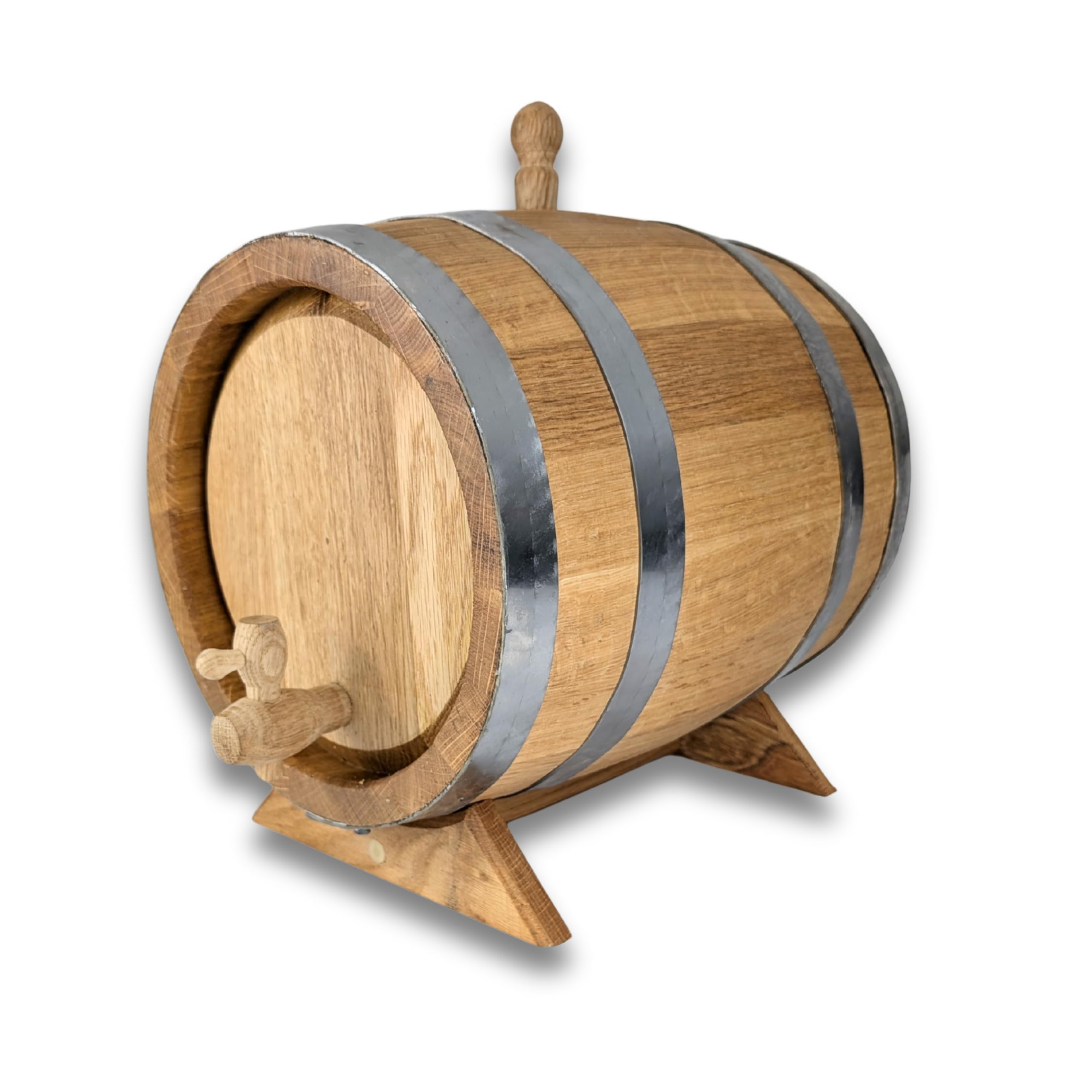 Eichenholzfass mit Holzhahn 10 Liter – Handgefertigtes Holzfass aus Stieleiche für Whisky, Wein, Rum & Schnaps – Innen ausgebrannt (Medium+), Edelstahlreifen, gewachst