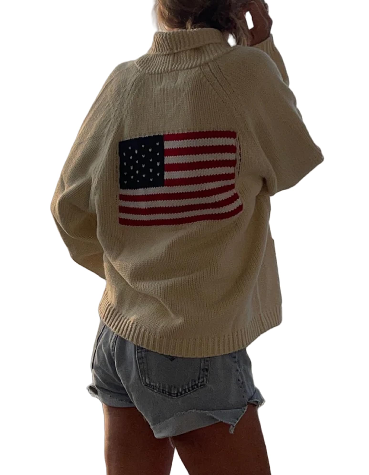 Luckinbaby Women American Flag Cardigan Long Sleeve Open Front Patriotic Sweater Oversized Knitwear Independence Day