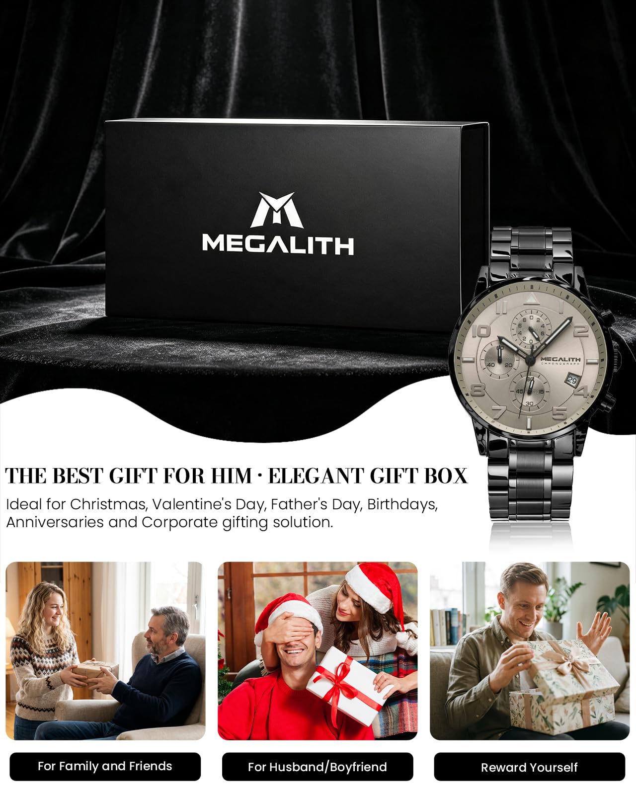 MEGALITH Montre Homme Chronographe Analogique: Grand 44 mm Quartz Etanche | Montre Habillée Acier Inoxydable avec Date Aiguille Lumineuse pour Travail et Loisirs Quotidiens - Cadeau pour Père Mari Fils