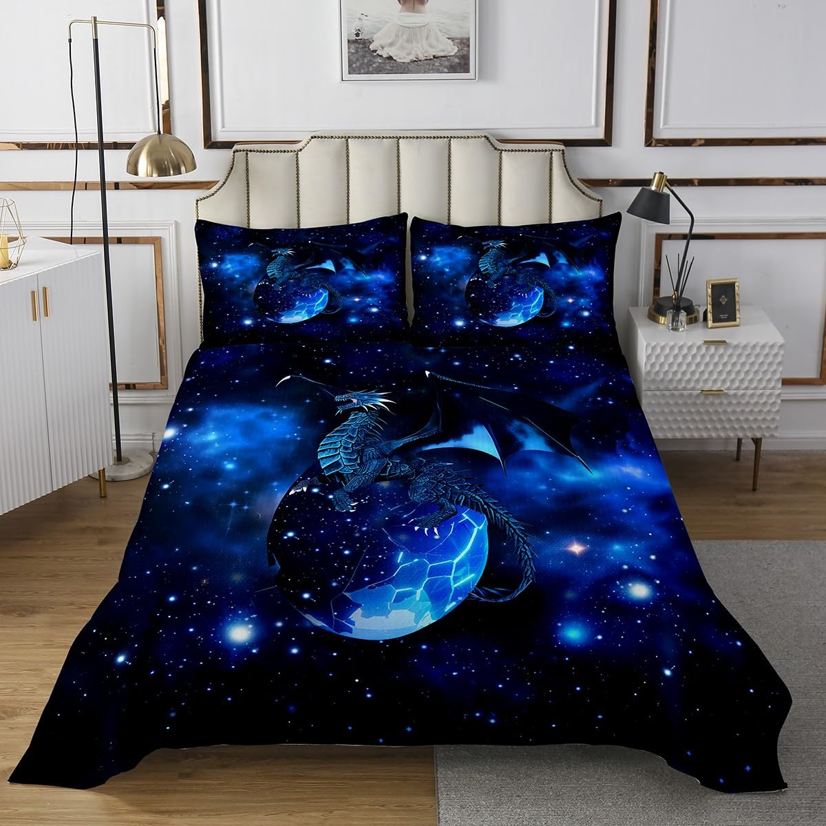 Galaxy Dragon Coverlet Set Kids Chic Outer Space Starry Sky Bedspread Jungle Animals Dragon Quilted Coverlet for Boys Children Teens Bedroom Decor Blue Black Quilted Twin Size With 1 Pillow Case