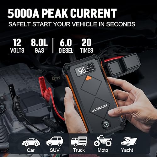 Miniatura 2 de Acmount P110 Arrancador de coche, batería de arranque de litio de pico de 5000 A para motor de gasolina de hasta 10.0 L o 8.0 L, batería portátil
