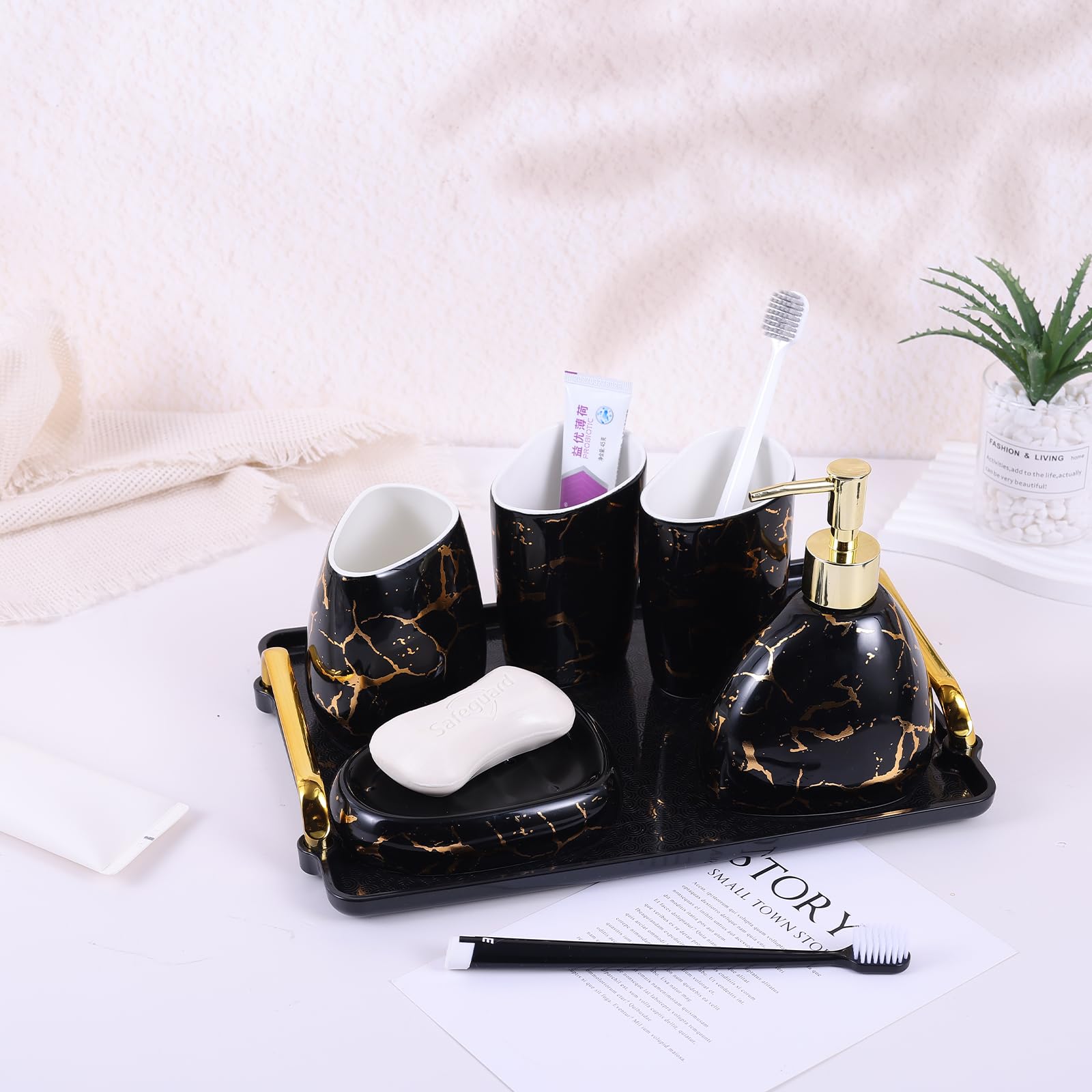 Juego de accesorios de baño negro, decoración de baño con aspecto de mármol dorado, juego moderno de 6 accesorios de baño, completo con dispensador de jabón, soporte para cepillo de dientes,