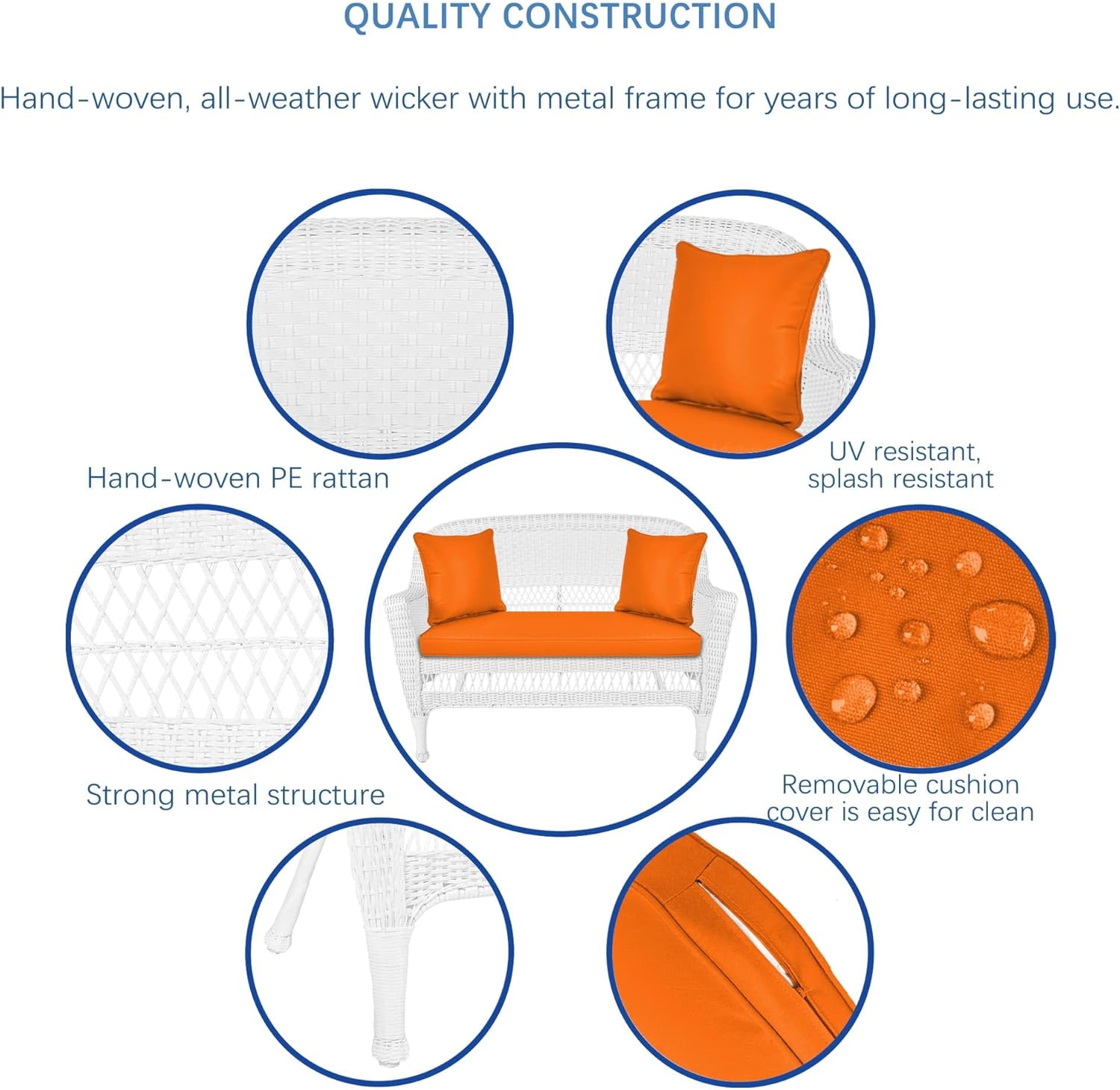 Jeco Wicker Patio Love Seat and Coffee Table Set with Orange Cushion, White