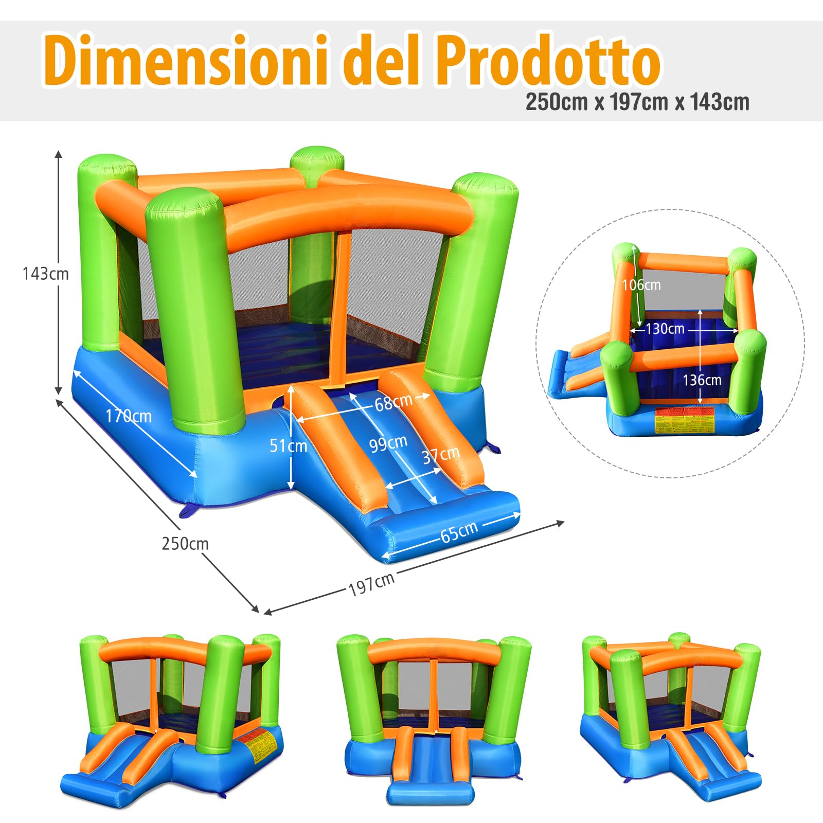 COSTWAY Castello Gonfiabile Per Bambini, Casa Gonfiabile con Grande Area per Saltare e Scivolo, Con Borsa di Trasporto e Kit Riparazione, Ideale Per 3 Bambini 3-10 Anni (Senza soffiatore)