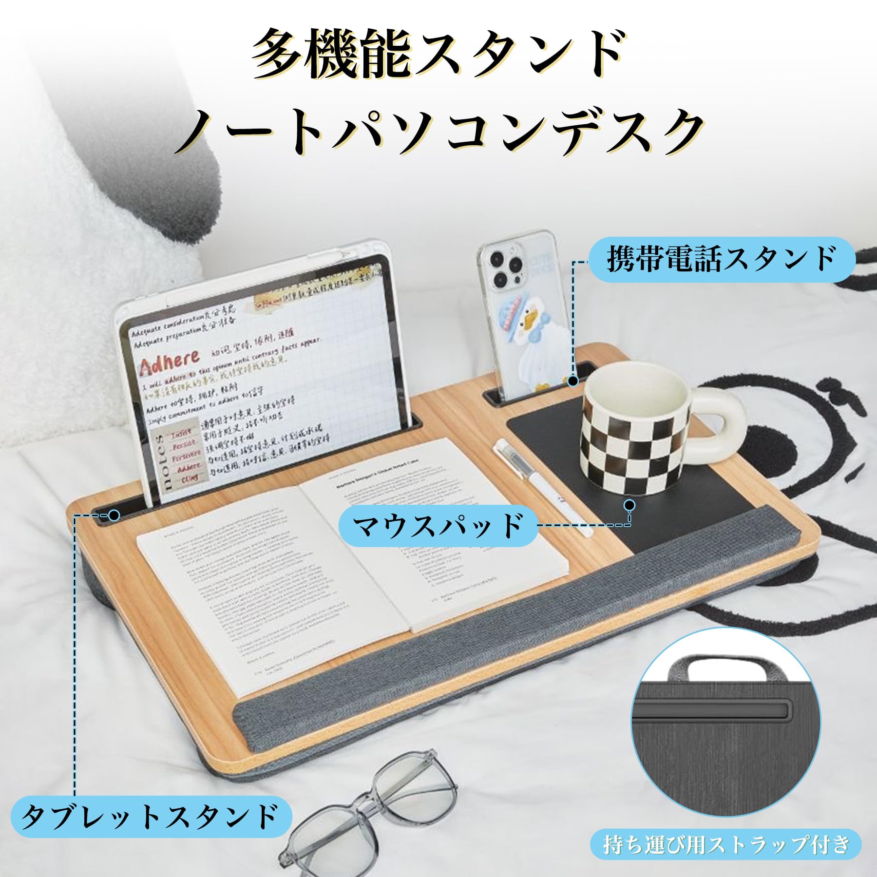 WSKLY(ワスクリ) 膝上テーブル PC クッションテーブル マウスパッド・クッション付き 軽量 持ち運び便利 両面用 寸法は55×34 ポータブル ベッド・ソファー・車・ オフィス用 在宅勤務 ノートパソコンデスク(大型) (グレー, 1個) - 4