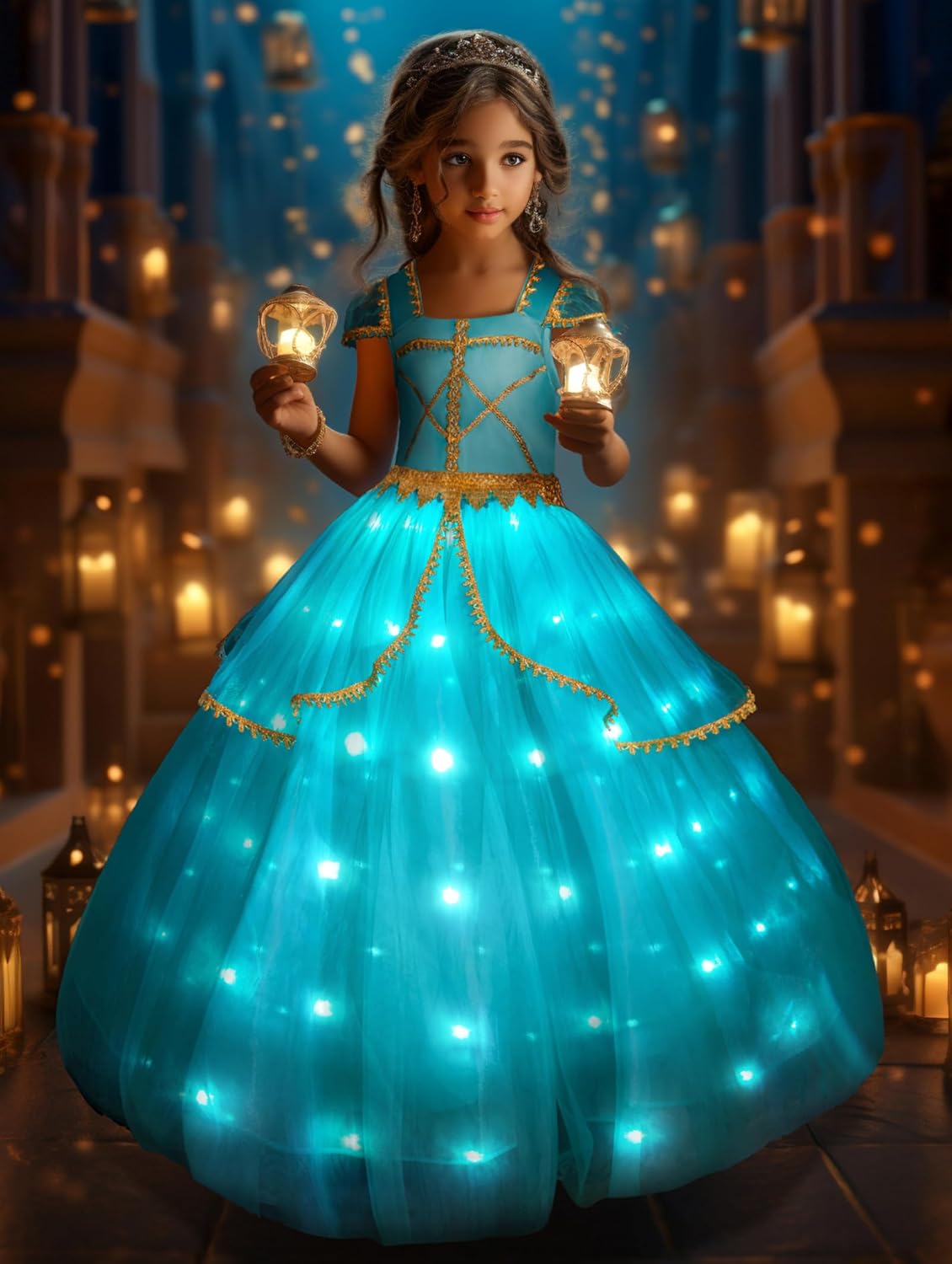 Magical LED Princess Dress Up Clothes Costume Girls Halloween Princess Cosplay Party Supply Christmas Blue Green 9-10 Years Aqua