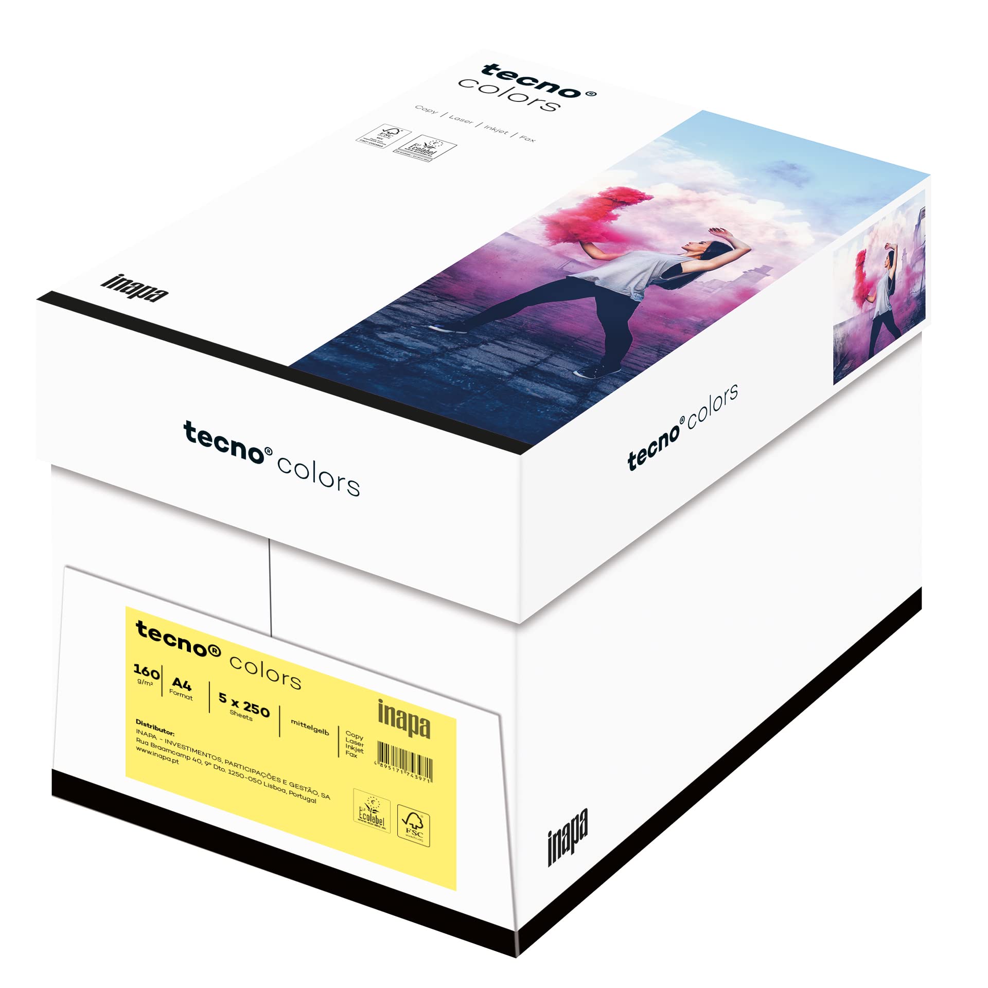 inapa farbiges Druckerpapier, buntes Papier tecno Colors: 160 g/m², A4, 1.250 Blatt (5x250), mittelgelb