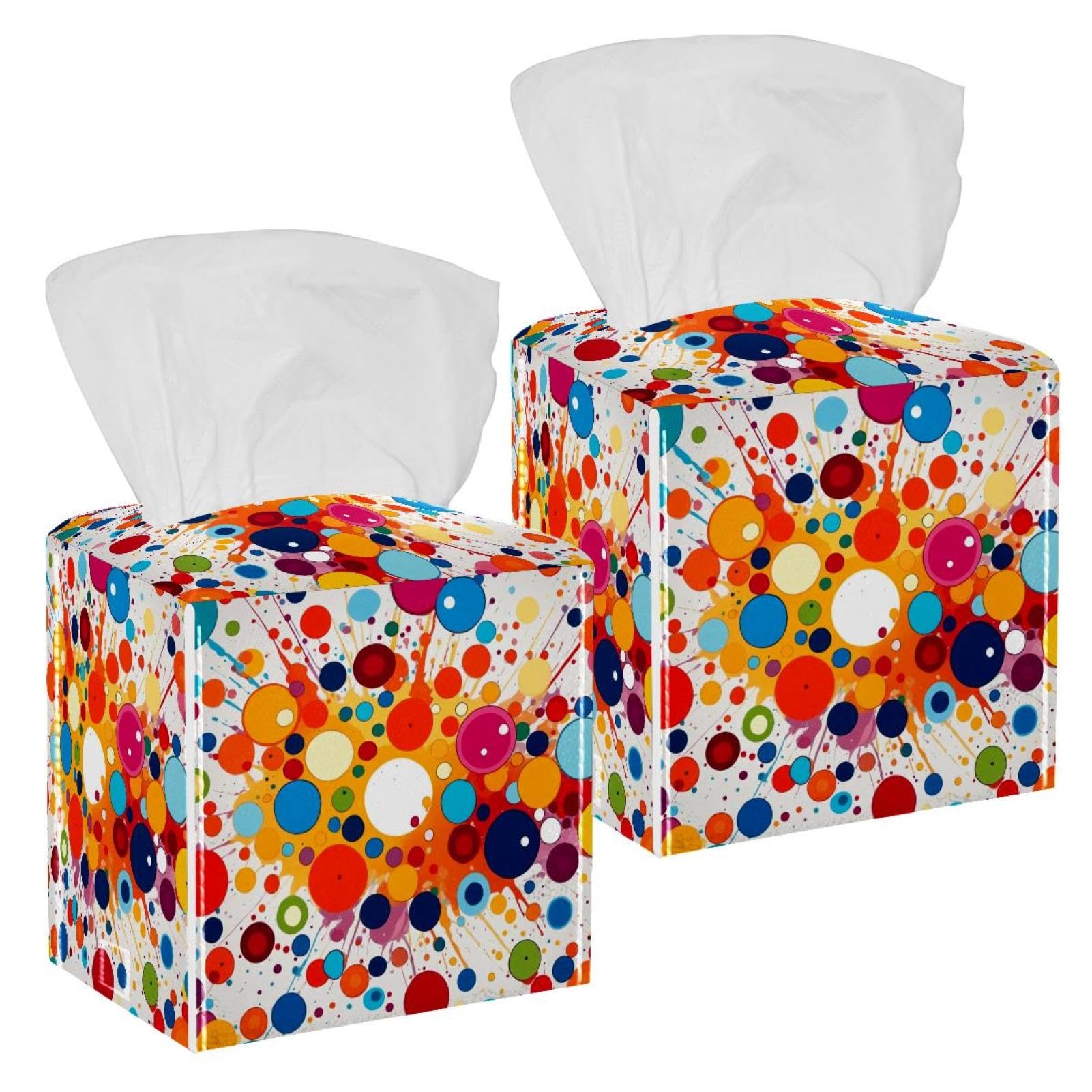 Colorful Circles Tissue Box Cover, 2 Pack PU Leather Square Facial Tissue Dispenser Box holder for Home Office Car