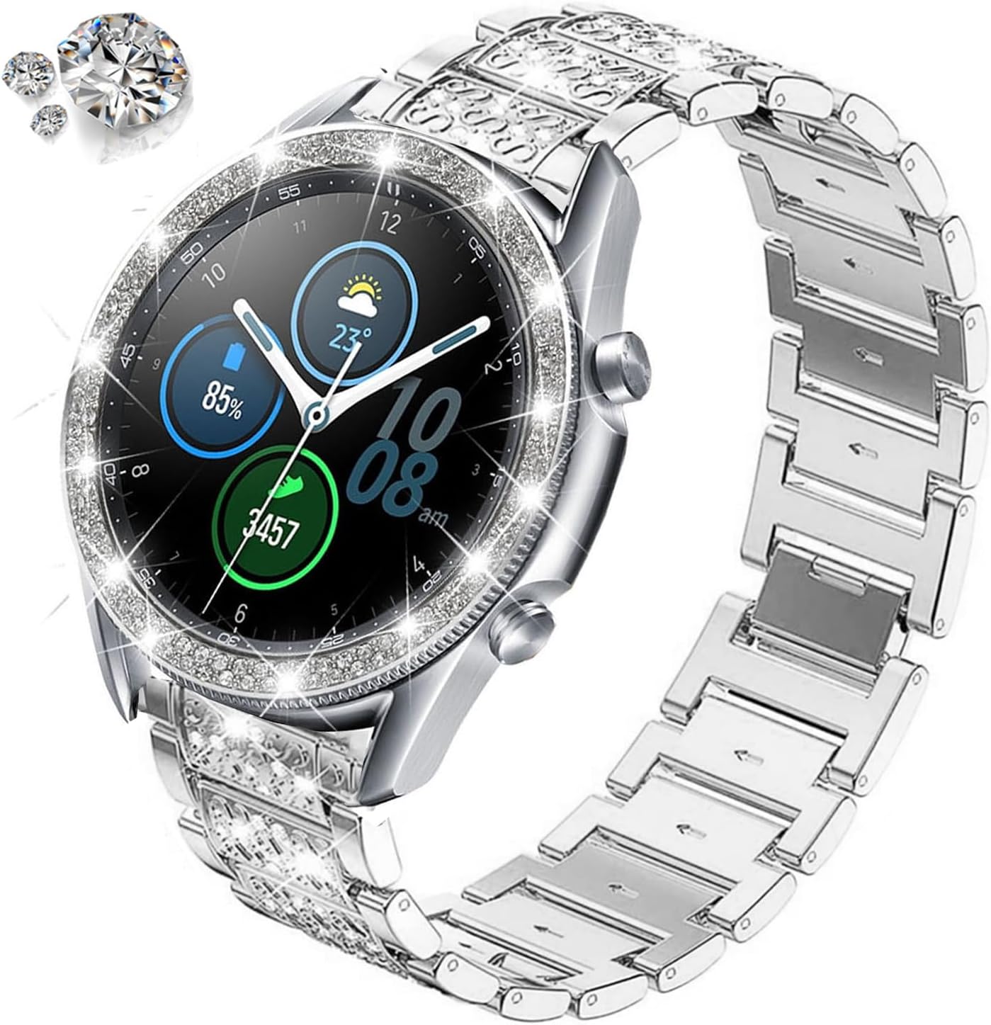 Bands Compatible with Samsung Galaxy Watch 3 (45mm), 22mm S Texture Rhinestone Diamond Stainless Metal Strap with Bezel Ring Cover Replacement for Women Men (Silver) - Image 2