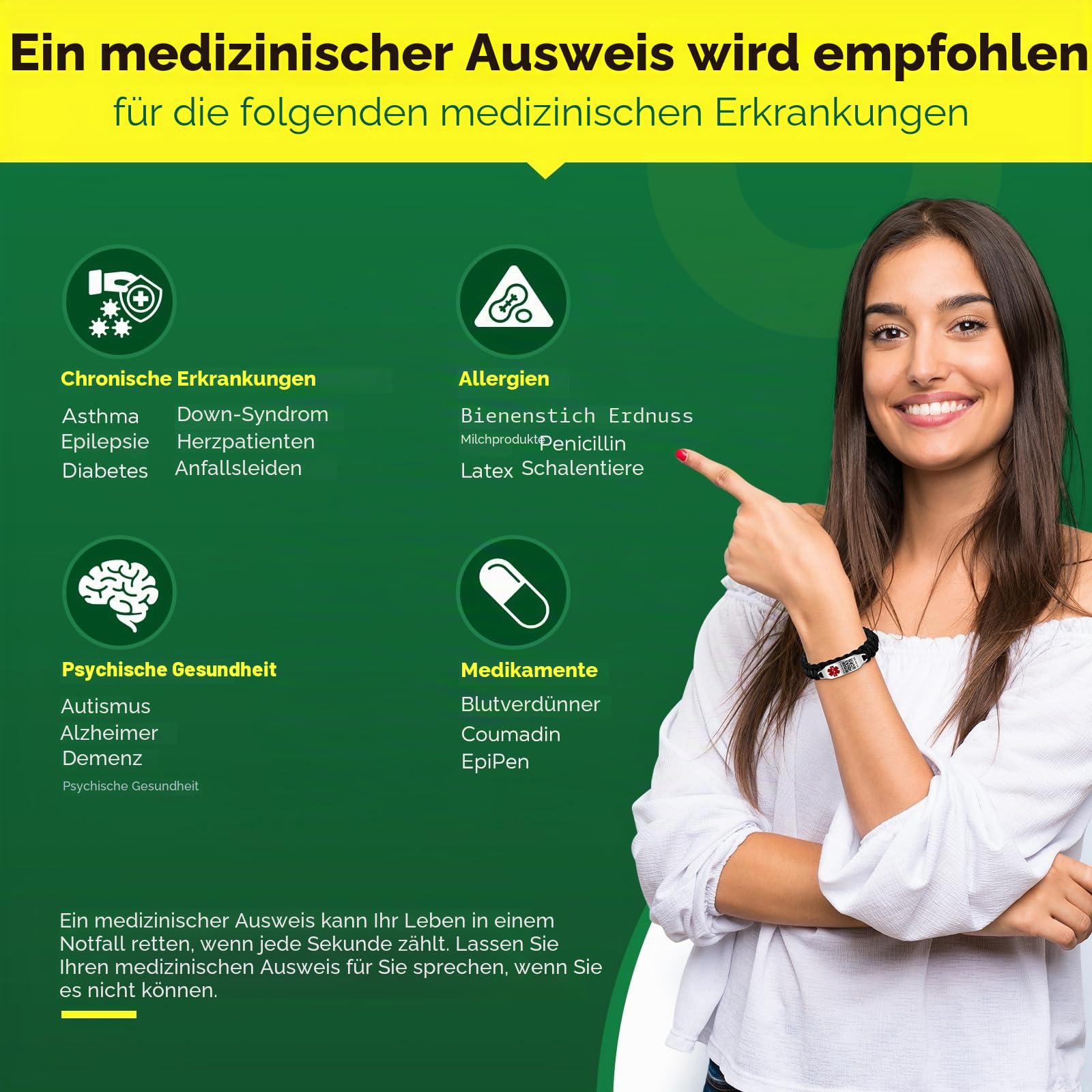 Medizinische Armbänder für Sport, Männer und Frauen, mit QR-Code, medizinische Notfall-ID-Armbänder – Nylon, wasserdichtes Armband für Handgelenke bis zu 17,8 cm – mehr Platz,