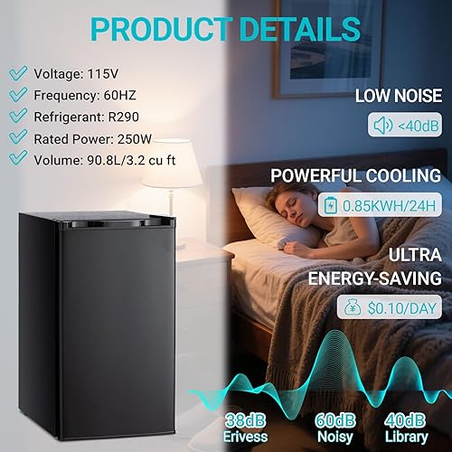 Miniatura 6 de Mini refrigerador de 3.2 pies cúbicos con congelador, refrigerador pequeño de una sola puerta con termostato ajustable de 7 niveles, ahorro de