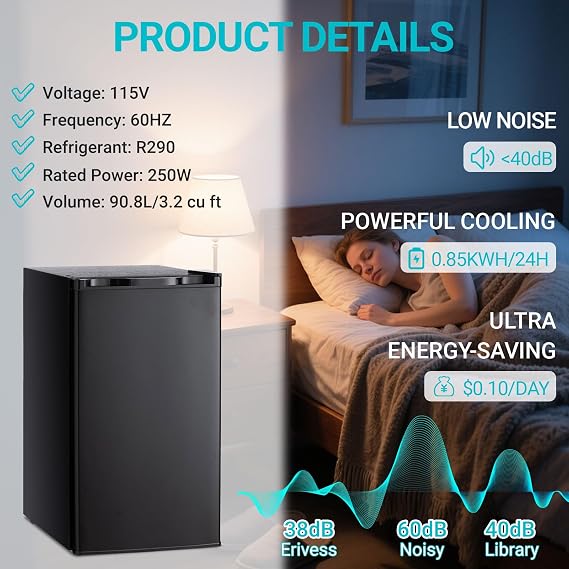 Erivess 3.2 Cu Ft Compact Mini Fridge with Freezer, 7 Temp Setting for Dorm
