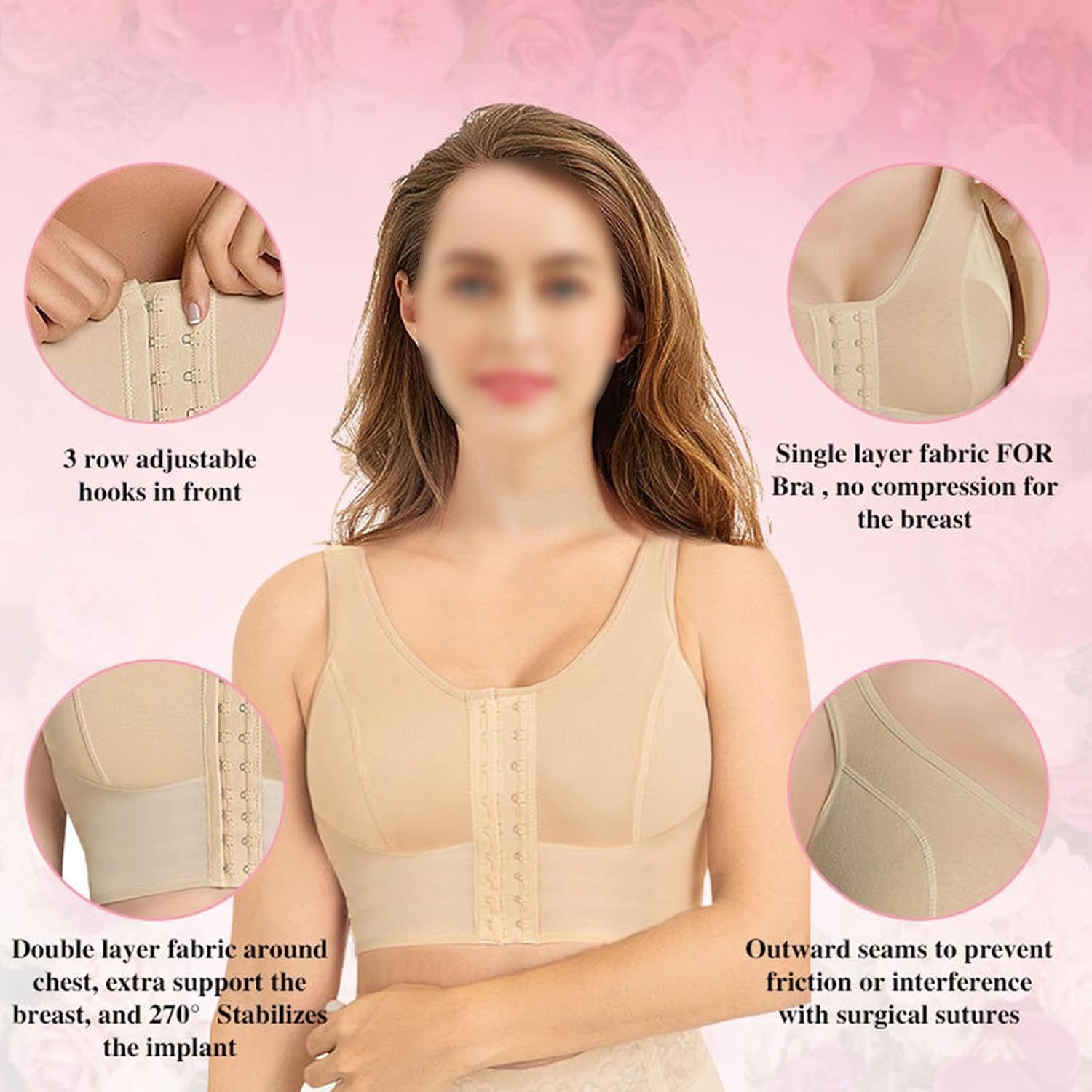 Post Surgery Bras for Womem Stage 2 Front Closure Wireless Full Coverage Support Compression Everyday Bra