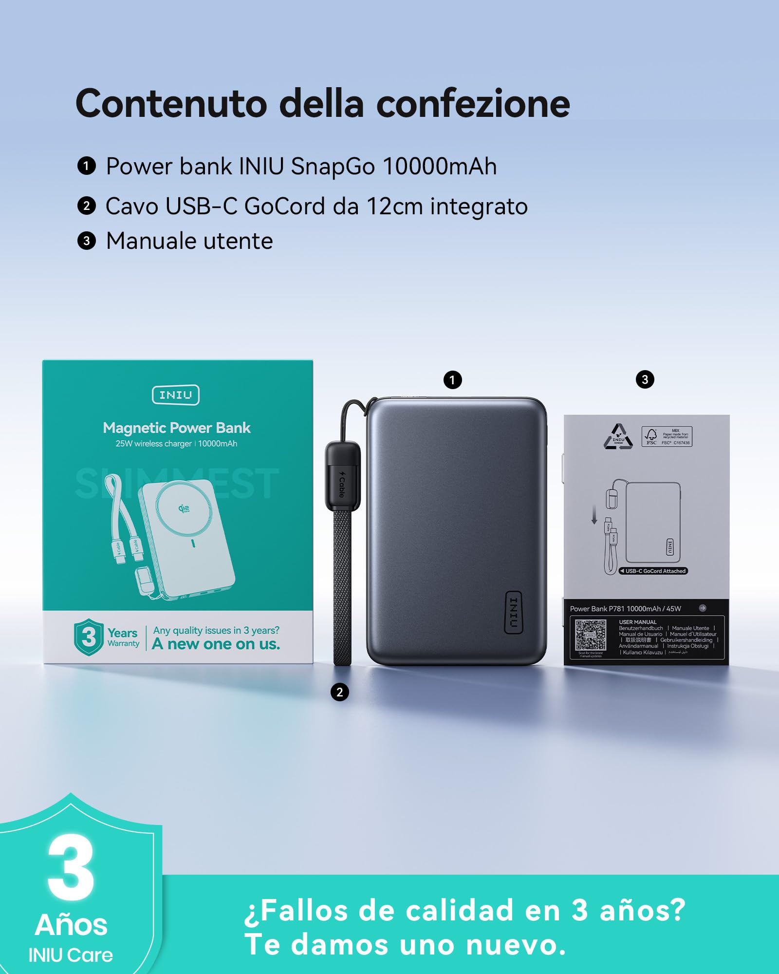 INIU para MagSafe Qi2.2 25W Power Bank, Ultrafino 10000mAh Bateria Portatil | Carga Rápida por Cable de 45W, Magnética Certificada Qi2 Original, LED Display, Inalámbrica Bateria para Serie iPhone 17-12