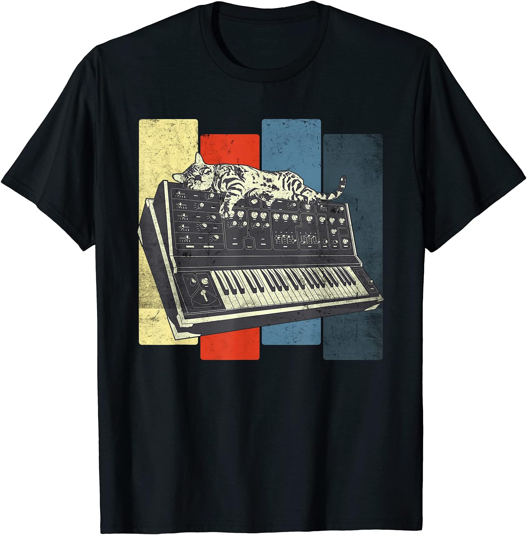 Retro Synthesizer Elektro Musik Produzent SynthModular Synthesizer Keyboard Techno Vintage Analogue Cat T-ShirtOEKO-TEX STANDARD 100