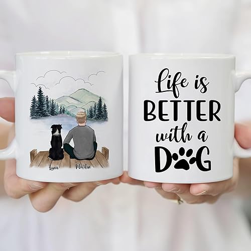 Miniatura 3 de Gossby Taza personalizada con perro - La vida es mejor con un perro (Hombre - Perro) - Tazas de café personalizadas para padres de perros con frases
