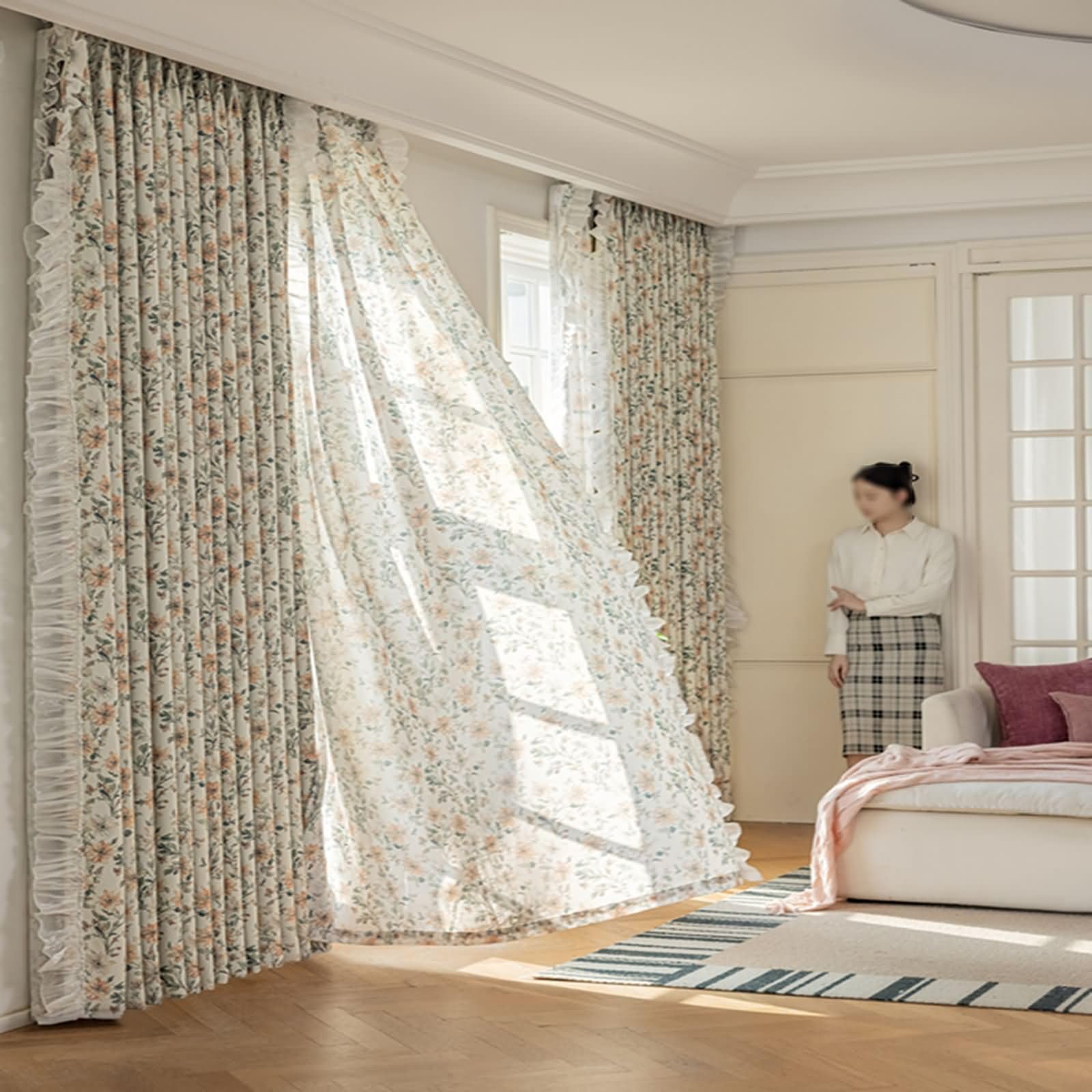 Rideau Thermique Occultant, 300x270cm Motif de Fleurs et de Feuilles à Volants Rideaux de fenêtre filtrant la lumière pour Le Salon en Chenille, Vert Jaune