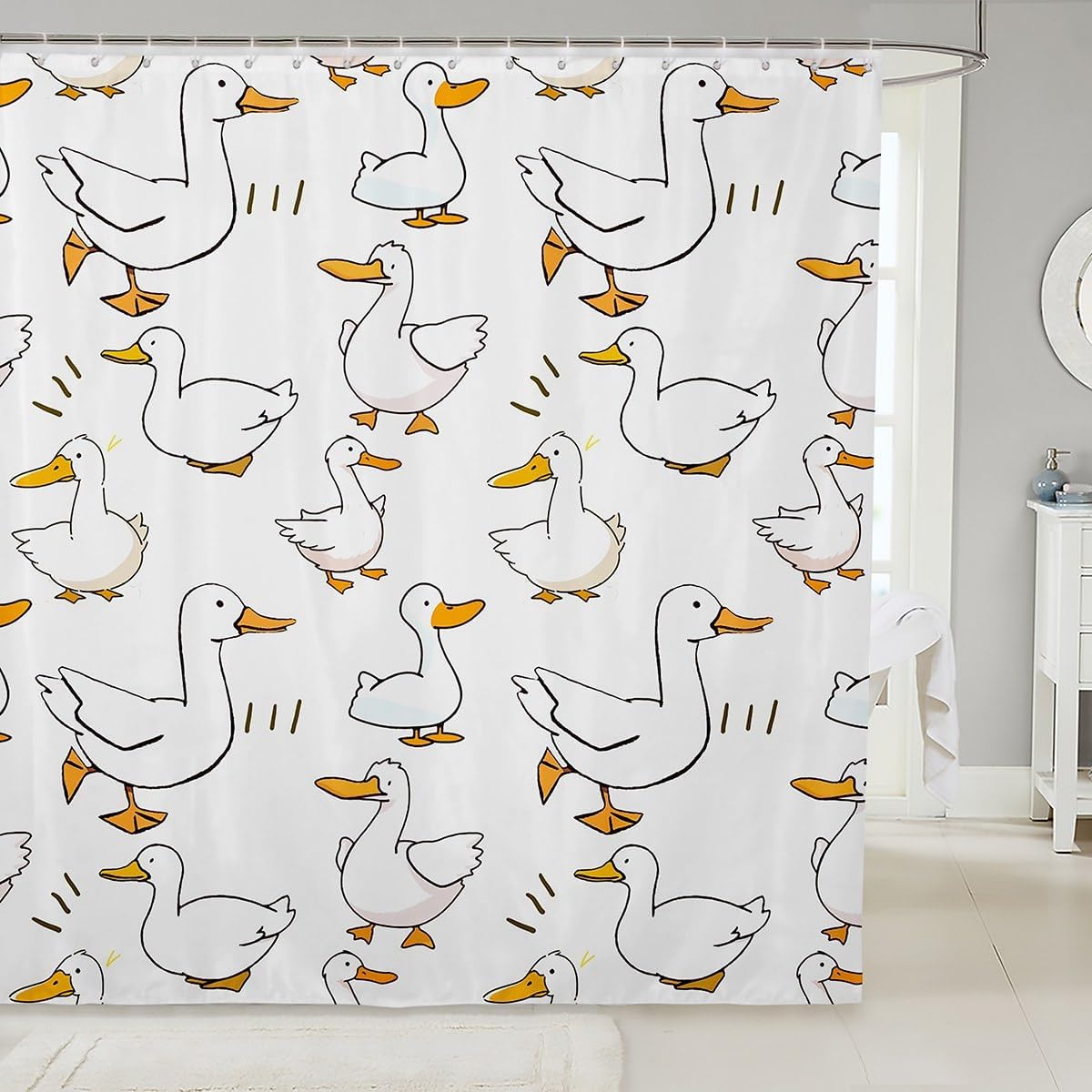 Homewish Cartoon Duck Shower Curtain,Lovely Goose Funny Sketch White Bath Curtain with Hooks,Cute Farmhouse Livestock Animal Waterproof Bathroom Accessories for Bathtublet, 72Wx84L inch