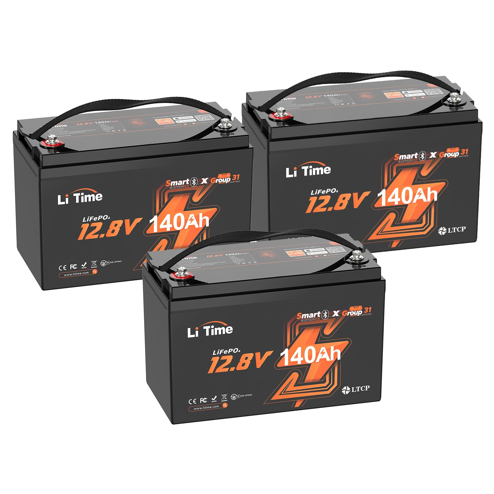 Litime 3Pack 12V 140Ah Bluetooth LiFePO4 Lithium Battery, Group 31, 150A BMS deep Cycle Trolling Motors Battery, Perfect for RV, Marine, Solar, Off-Grid