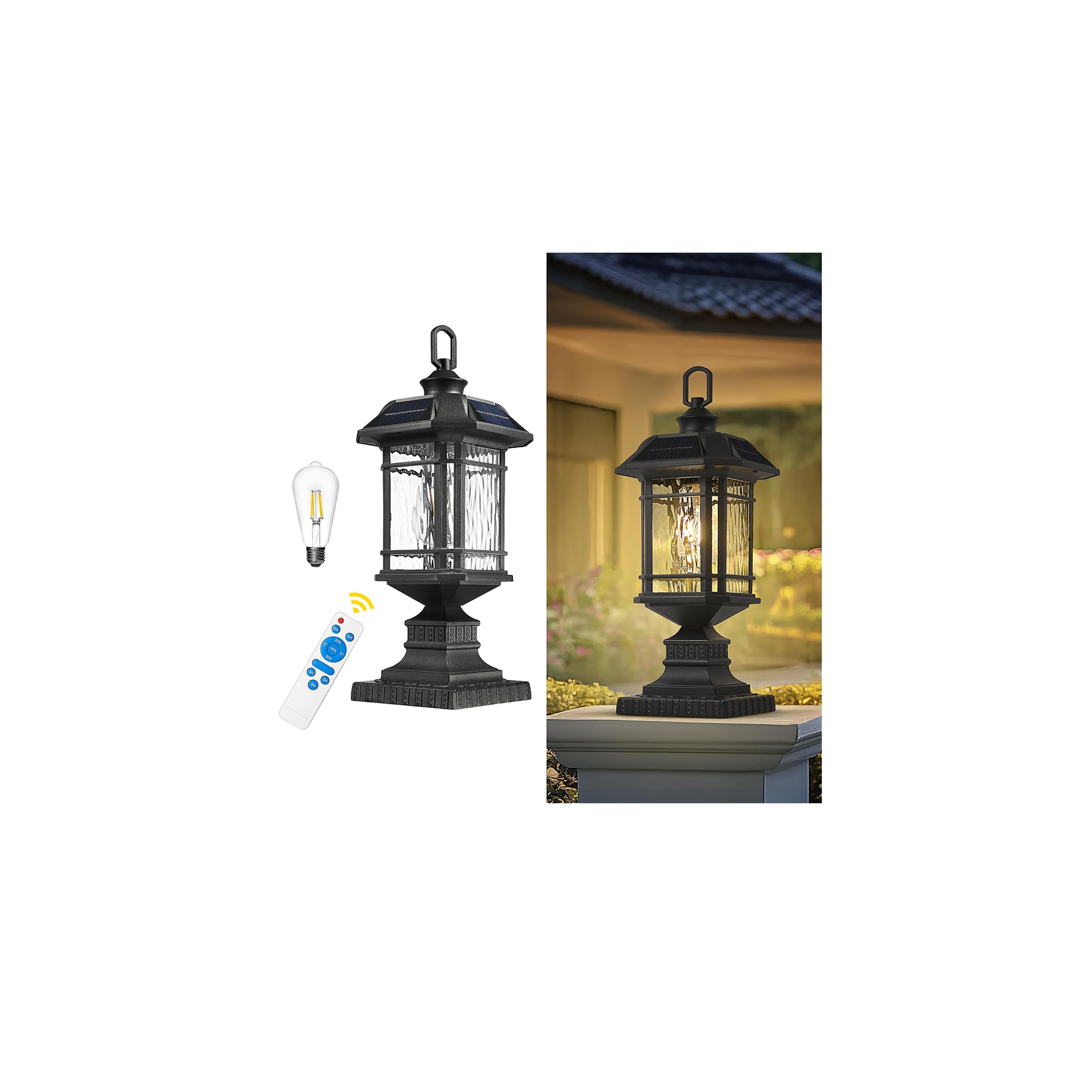 Emliviar Integral Solar Lamp Post with Fixed Pire Mount Base, Matte Black LED Fence Deck Pilllar Lighting for Patio, Portable Outside Solar Panels Lamp with Water Grain Glass, 2084P-ML SL BK-image-2