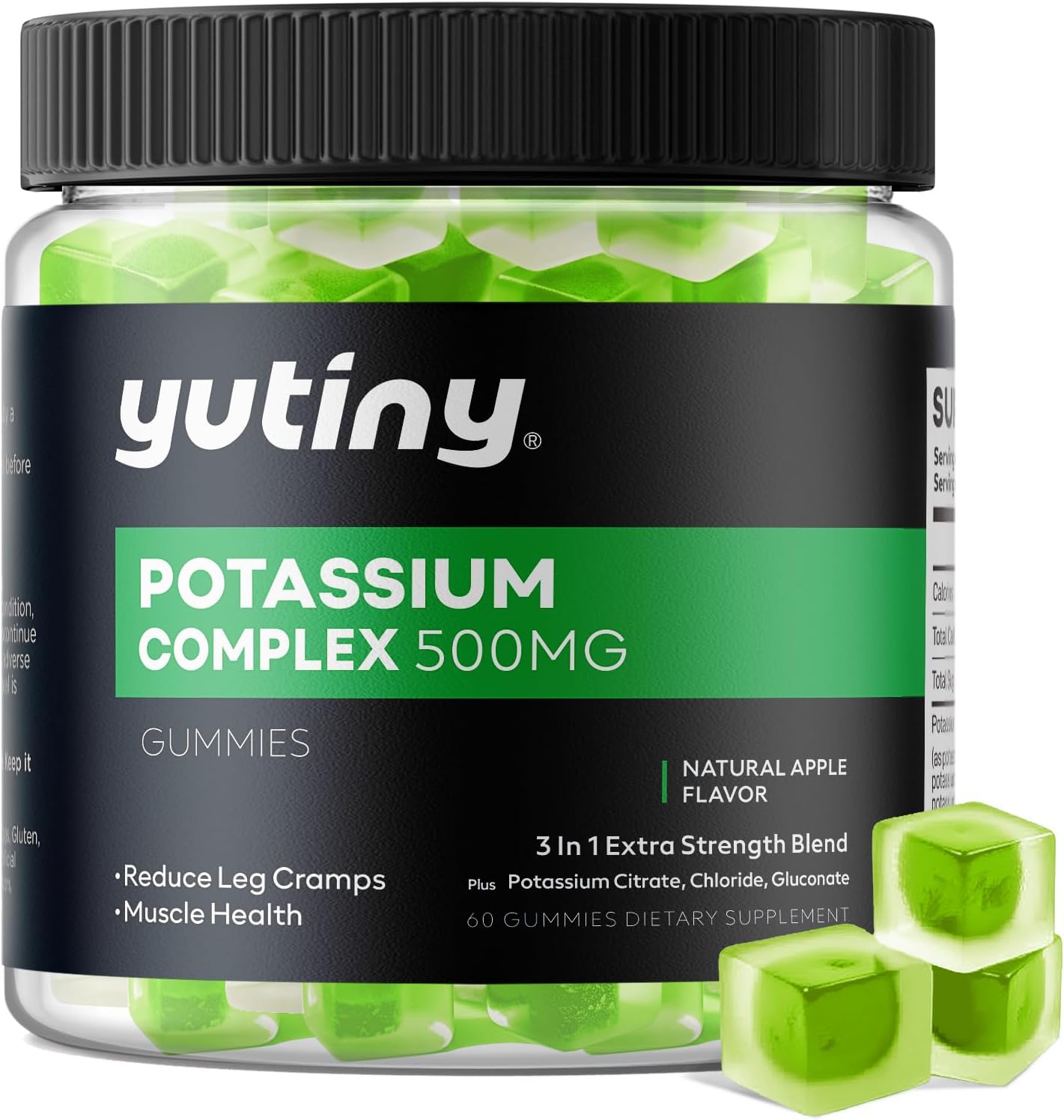 Potassium Supplement 500mg 3 in 1 Complex Gummies, Chewables with Potassium Citrate Chloride Gluconate, Extra Strength Blend, 60 Count