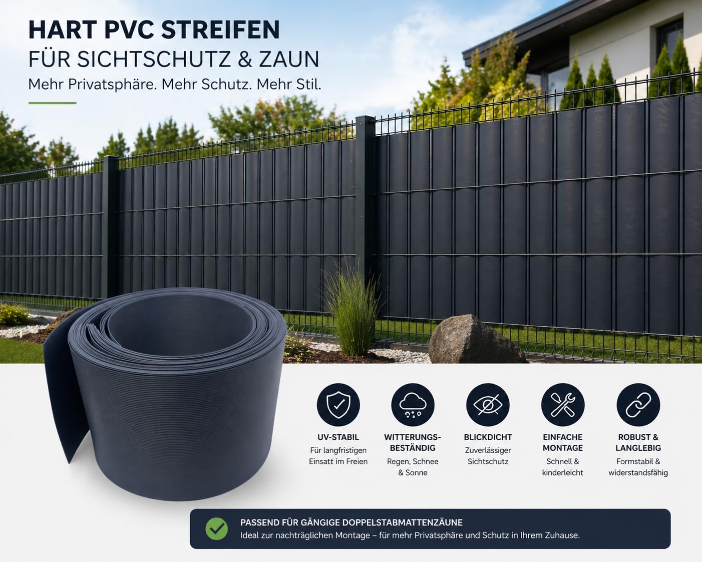 Enjoy Quality Premium Hart PVC Sichtschutzstreifen für Zaun - Anthrazit 252x19 cm - Einzelstabmattenzaun, Doppeltstabmattenzaun- Sichtschutz, Windschutz, Blick-Schutz, Zaun-Blende, Garten, Zaun