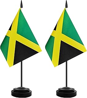 TrendPow 2 Pack Jamaica Desk Flag, Jamaican Table Office Flags, Small Miniature Desktop Flag With 12"" Solid Black Pole and Black Base, Classroom, Offices Meeting Desk Decoration (Jamaica)