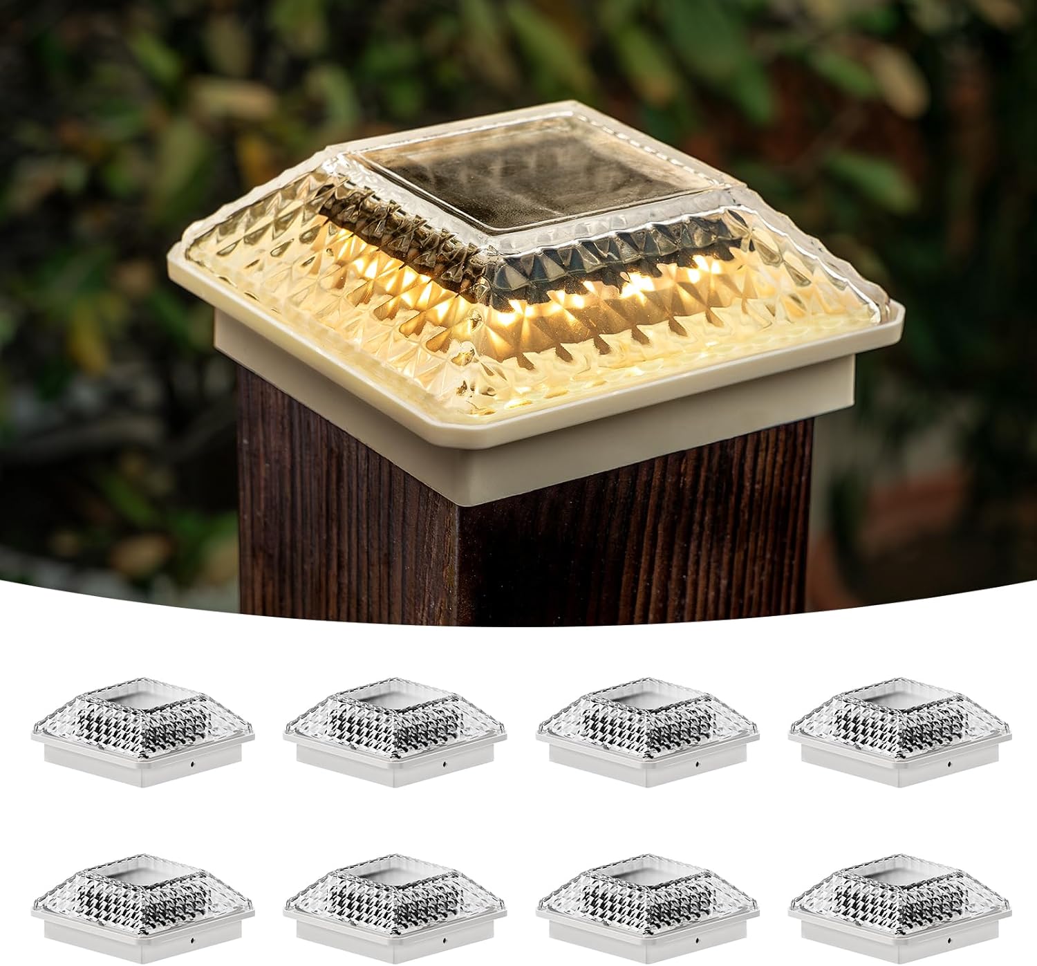 Glass Solar Post Cap Lights with Frosted Style - Decorative Deck Fence Lights for 4x4 5x5 Posts Hidden Solar Panel, Modular Design, 10Hr Runtime, IP65, Warm White, White, 8 Pack