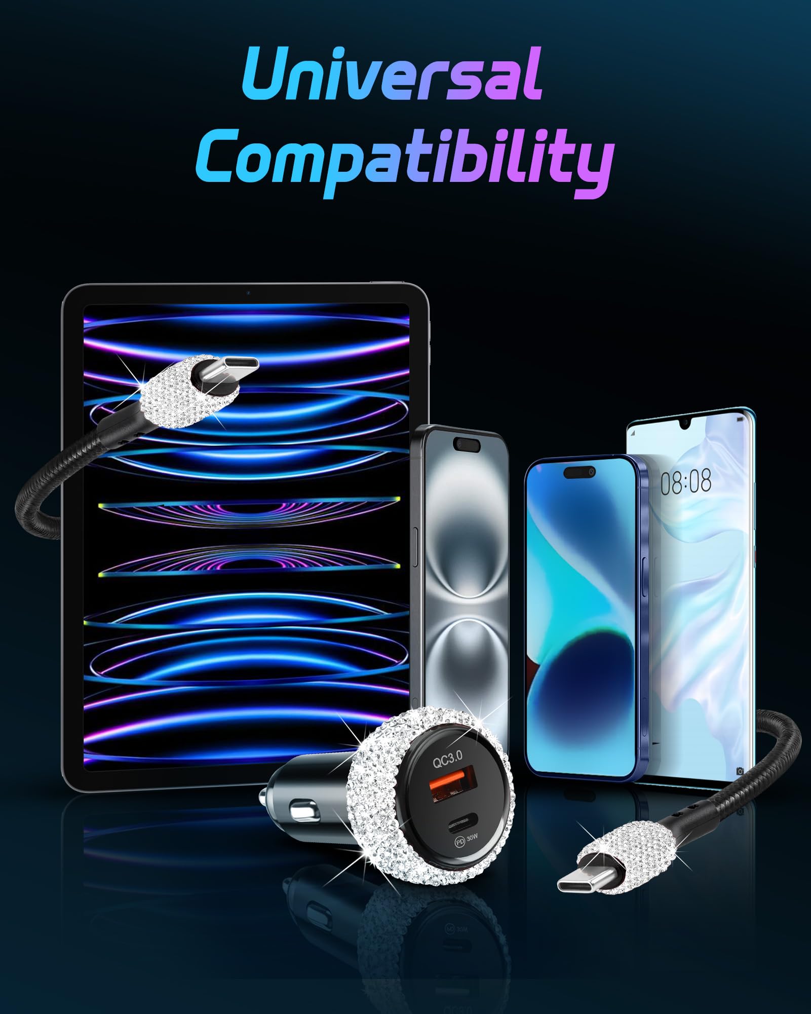 3 caricabatterie da auto Bling USB C, 48 W PD + QC, adattatore di ricarica rapida a doppia porta con cavo di ricarica USB di tipo C da 1,9 m, compatibile con iPhone 16, 15 Pro Max, iPad, Samsung