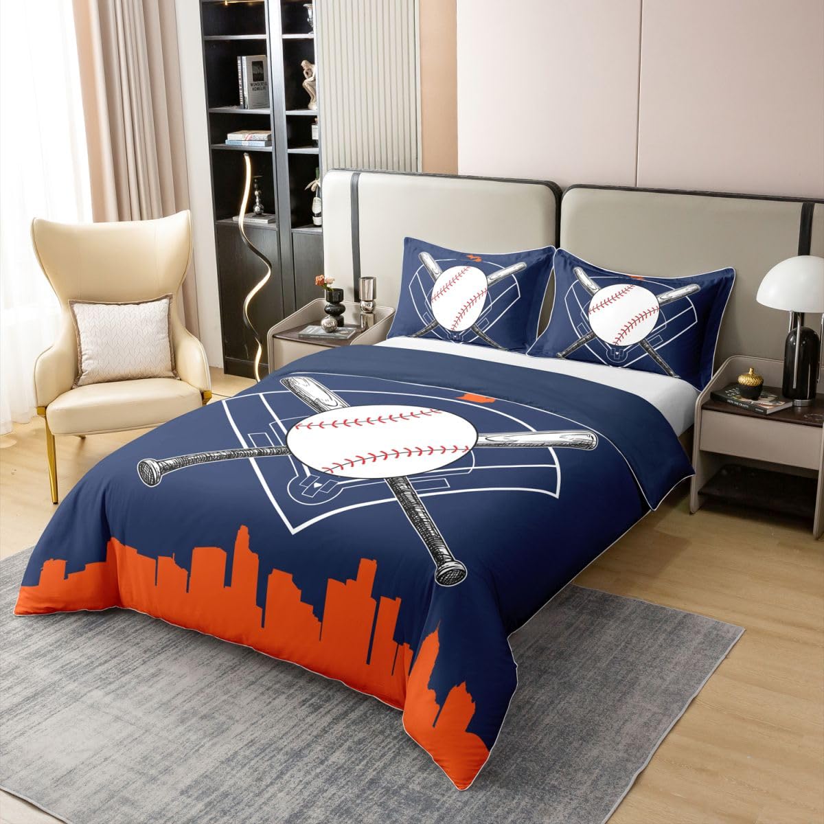 Homewish Chłopcy Baseball Dzieci Pościel Pojedyncza Piłka Gry Coton Kołdra Zestaw Nastolatki Młodzież Sport Gra Kołdra Poszewka na kołdrę Sylwetka Miasto Zestawy Łóżek Granatowy Pomarańczowy