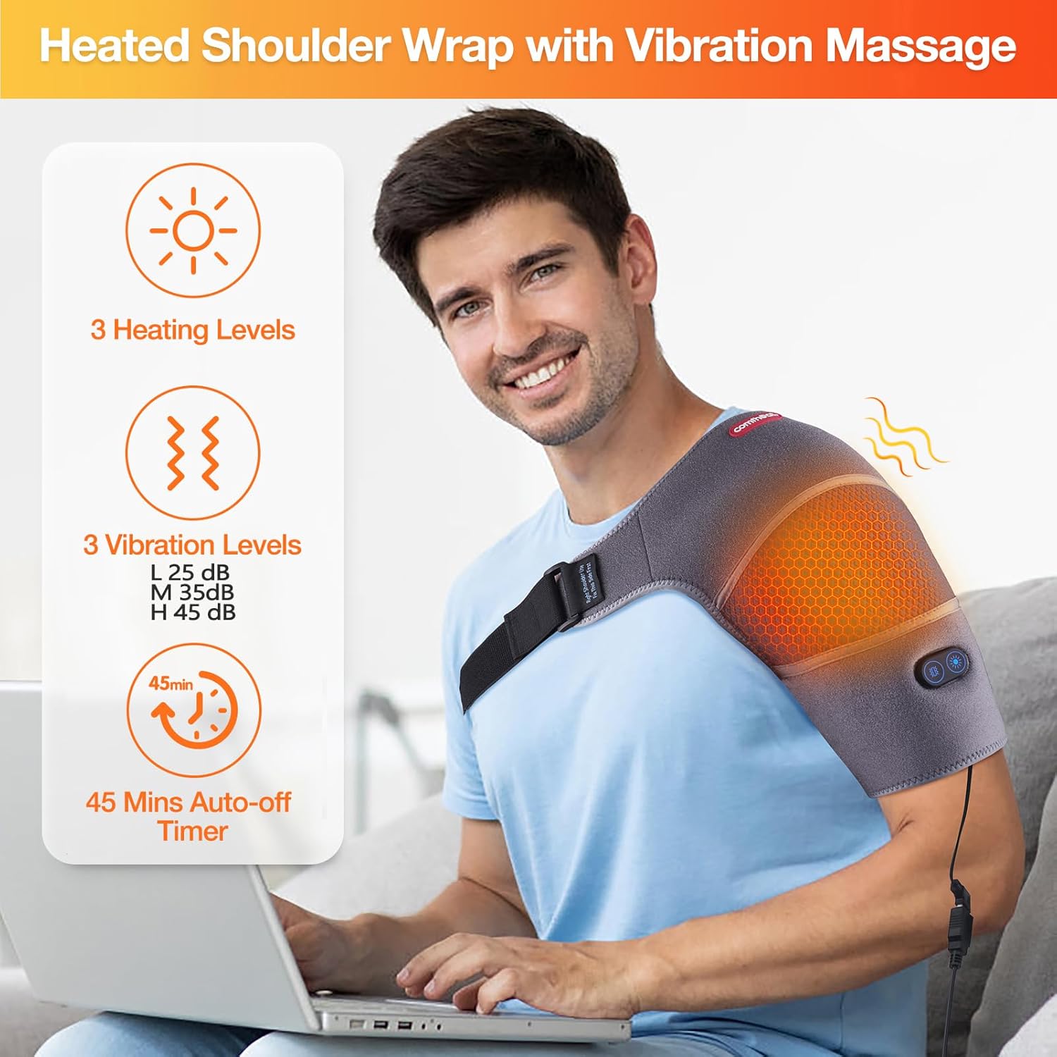 shoulder heating pad massager for rotator cuff upper arm pain relief, usb powered heated shoulder wrap with vibration massage for women men travel outdoor (non-rechargeable) vibration massage & heating