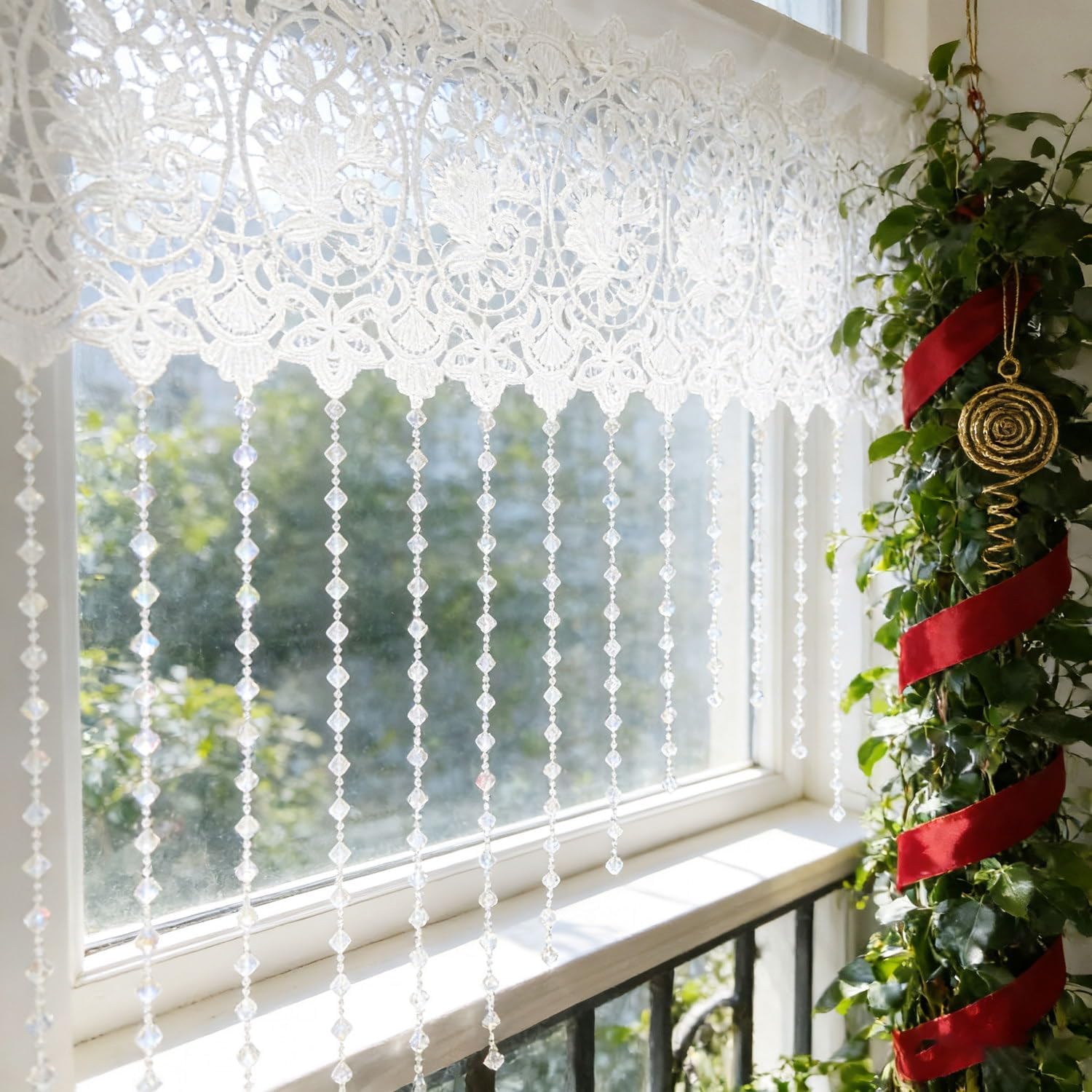 White Hollow Floral Lace Window Swag Valance with Crystal Bead Tassels