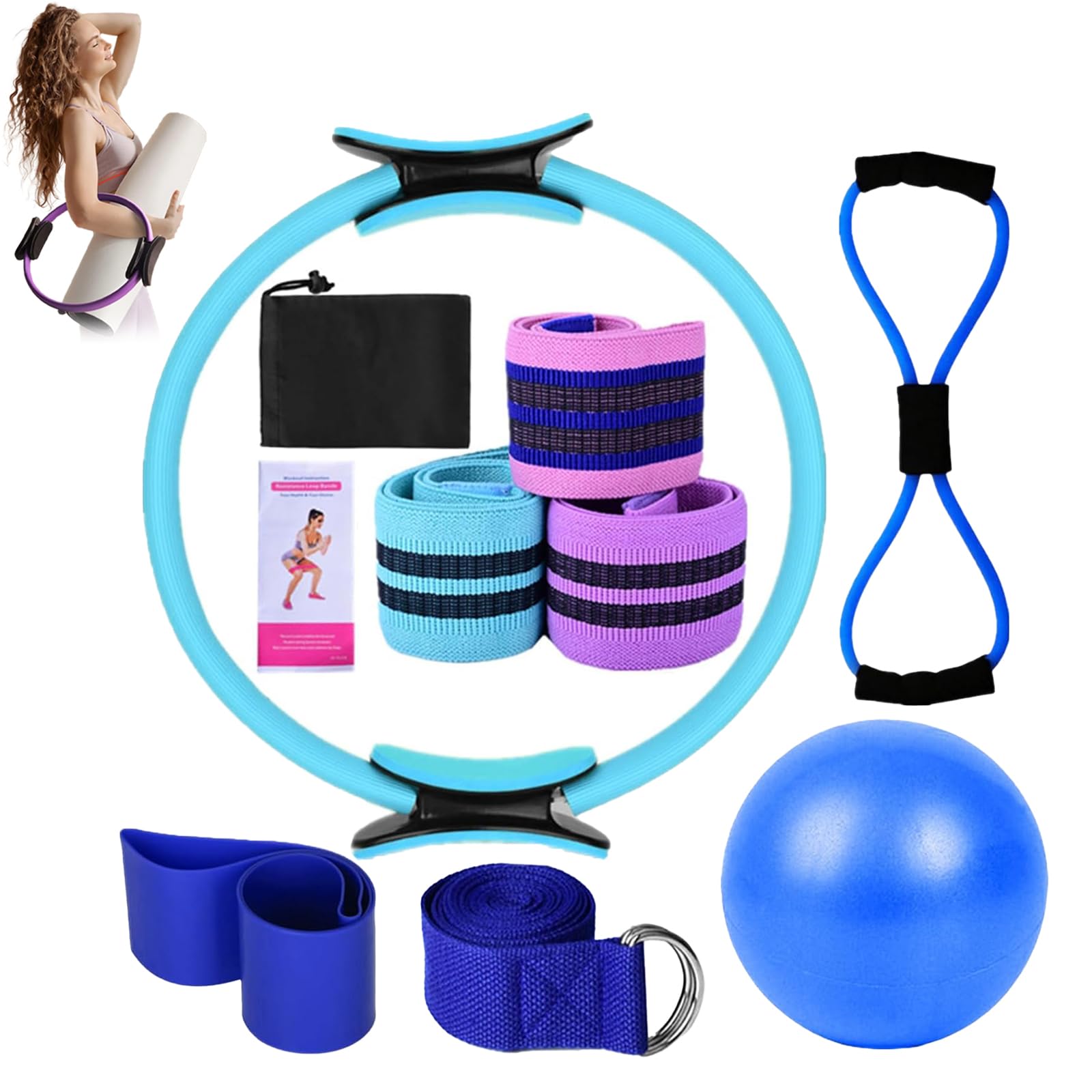Better Me Pilates Essentials Kit for Women, 11-Piece Better Me Pilate Essential Kit, Booty Bands for Working Out Glutes Yoga Ball 25cm Figure 8 Resistance Band Yoga Bands for Stretching (Blue)