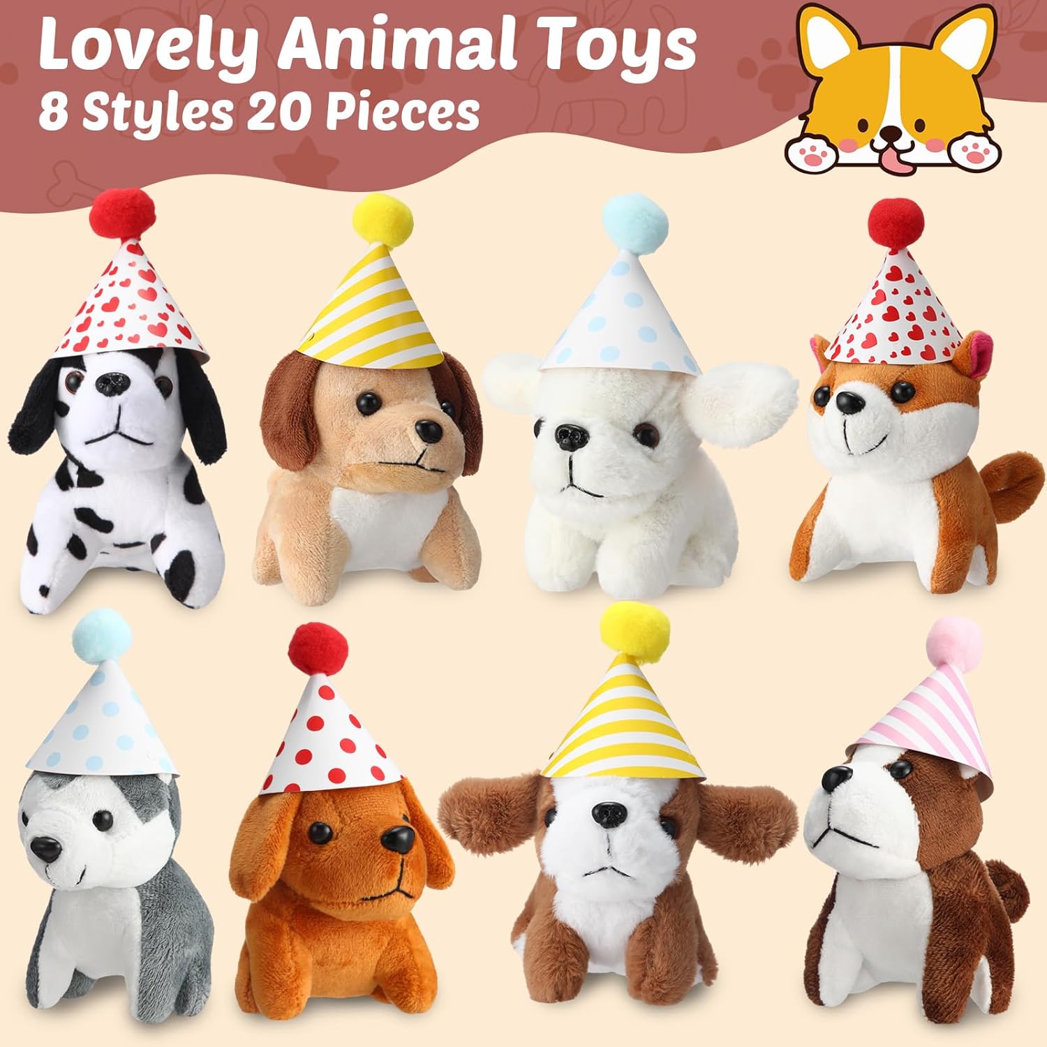 20 Set Mini Plush Toy Stuffed Animals Dogs Set with Birthday Hats Kraft Paper Boxes Small Stuffed Puppy Adopt Pet Gift for Adoption Event Animal Theme Birthday Stocking Stuffers(Cute Dog)