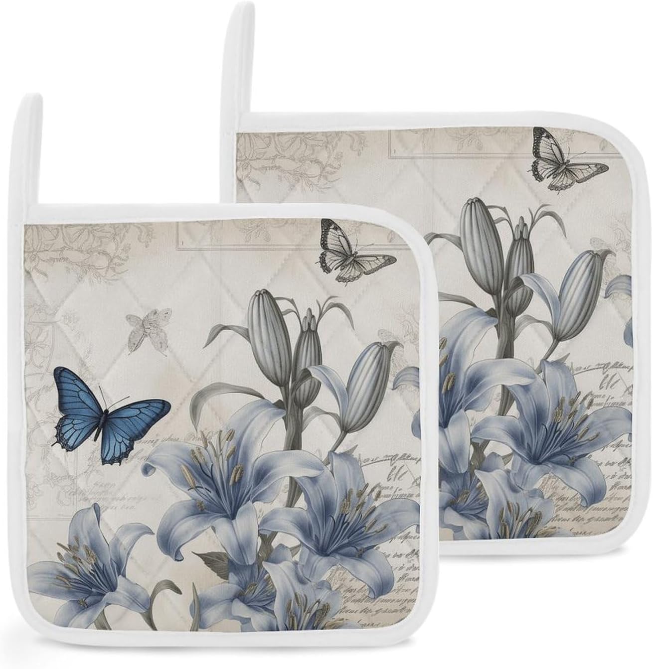 Pot Holder Set of 2 Blue Flower Printed Potholders for Kitchens Heat Resistant & Non Slip Potholders for Kitchen Cooking Baking BBQ