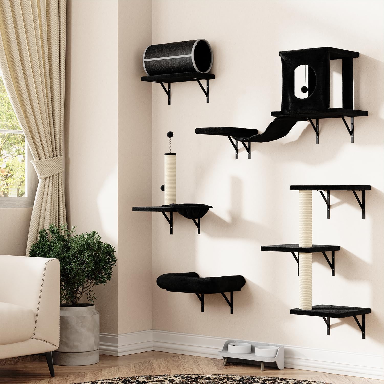 Kletterwand Katzen Set - 7-teilig, Stabiler Holzkletterer für Katzen, Wandpark mit Katzenhaus, Brücke, Tunnel, Baum, Treppe & Kratzbrett bis 10 kg (Schwarz)