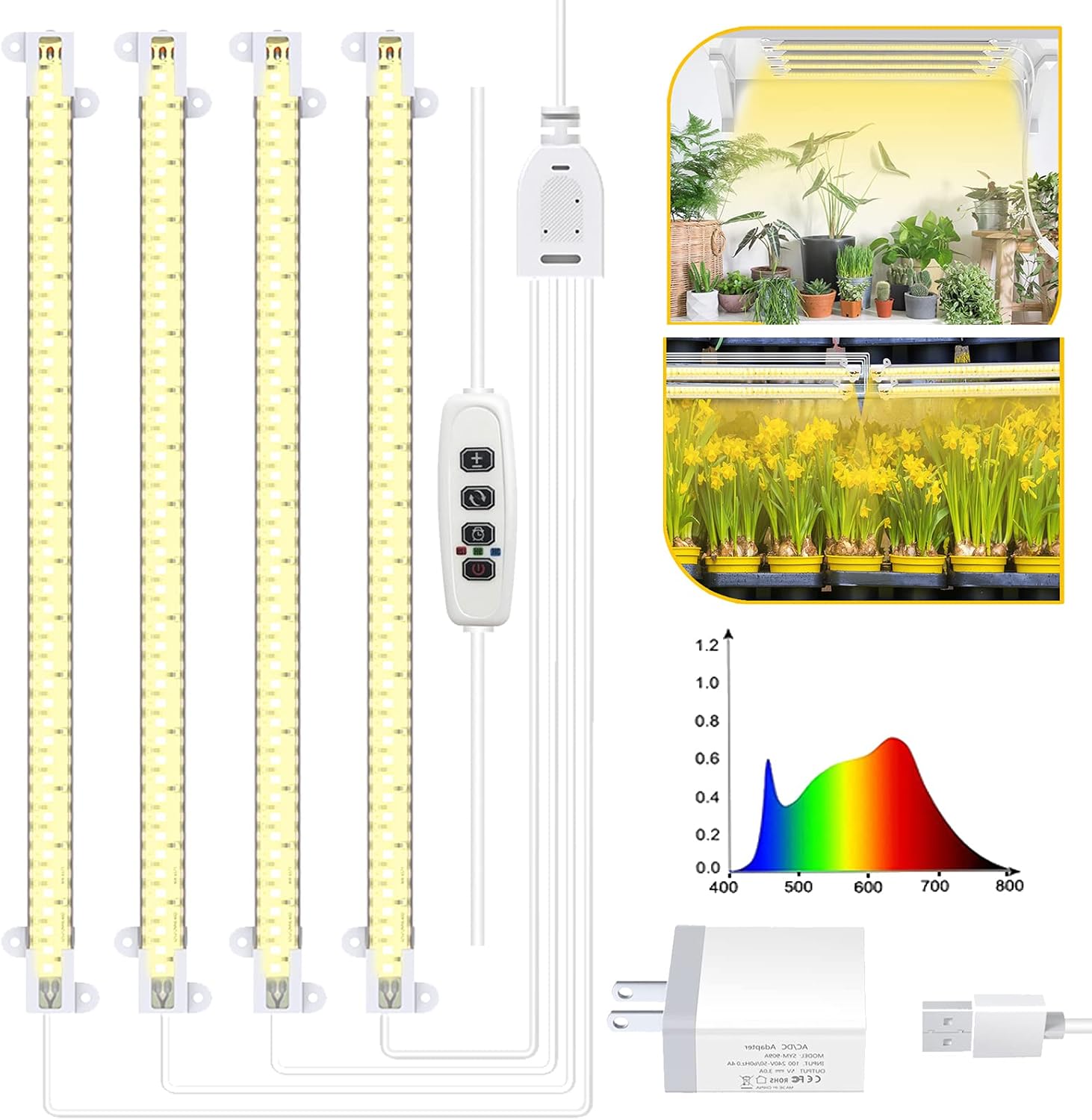 4 Strips LED Plant Grow Light Strips, Full Sepectrum Grow Lights for Indoor Plants, 40W Plant Light with Auto Cycle Timer 3/9/12H, 10 Dimmable Levels Grow Lamp, Plant Lamp for Succulent and Seedling