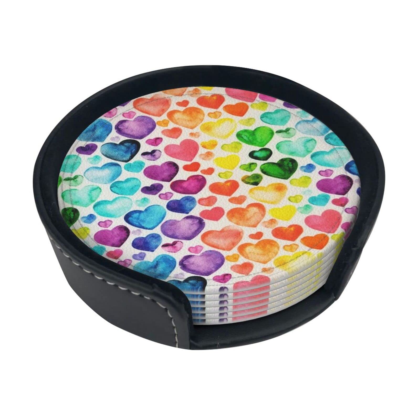 Alteko Rainbow Hearts Coasters Set Of 6 Print Leather Coasters For Drinks,Home Décor And Housewarming Gift