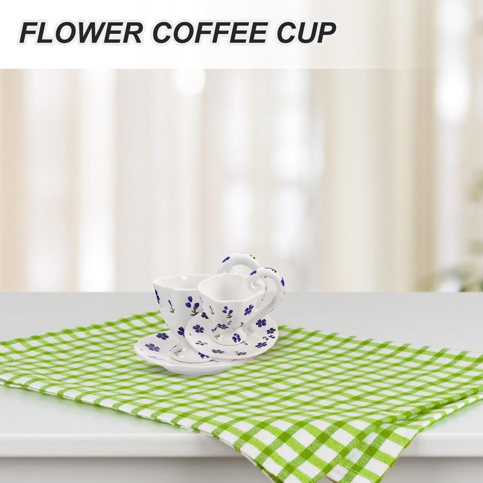 Ensemble de 1 tasse à café en céramique avec soucoupe - Tasses à expresso et soucoupe en porcelaine de 200 ml pour cappuccino et latte - Tasse à thé fleurie avec anse, bleue, idéale