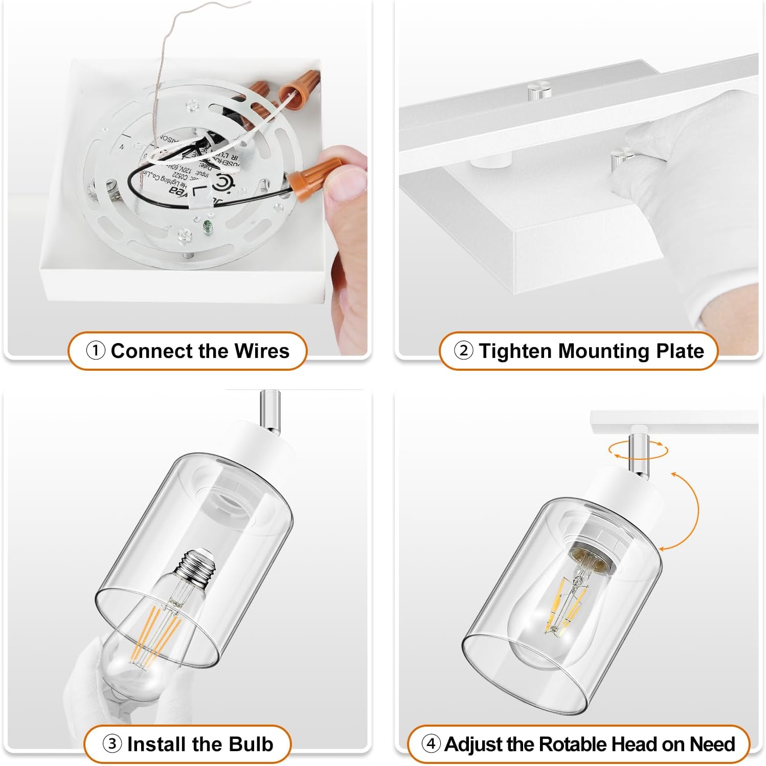 BoostArea White LED 2 Light Track Lighting Kit, 2 Way Ceiling Spot Lighting with Glass Lampshade, Flexibly Rotatable Light Head for Kitchen, Living Room, Bedroom, Bulb Not Included