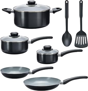 GoodCook Everyday Ceramic Nonstick Cookware Set Includes 8 & 10-Inch Fry Pans 1 & 2-Quart Covered Sauce Pans 4.7-Quart Covered Dutch Oven Turner and Basting Spoon, 10-Piece, Black