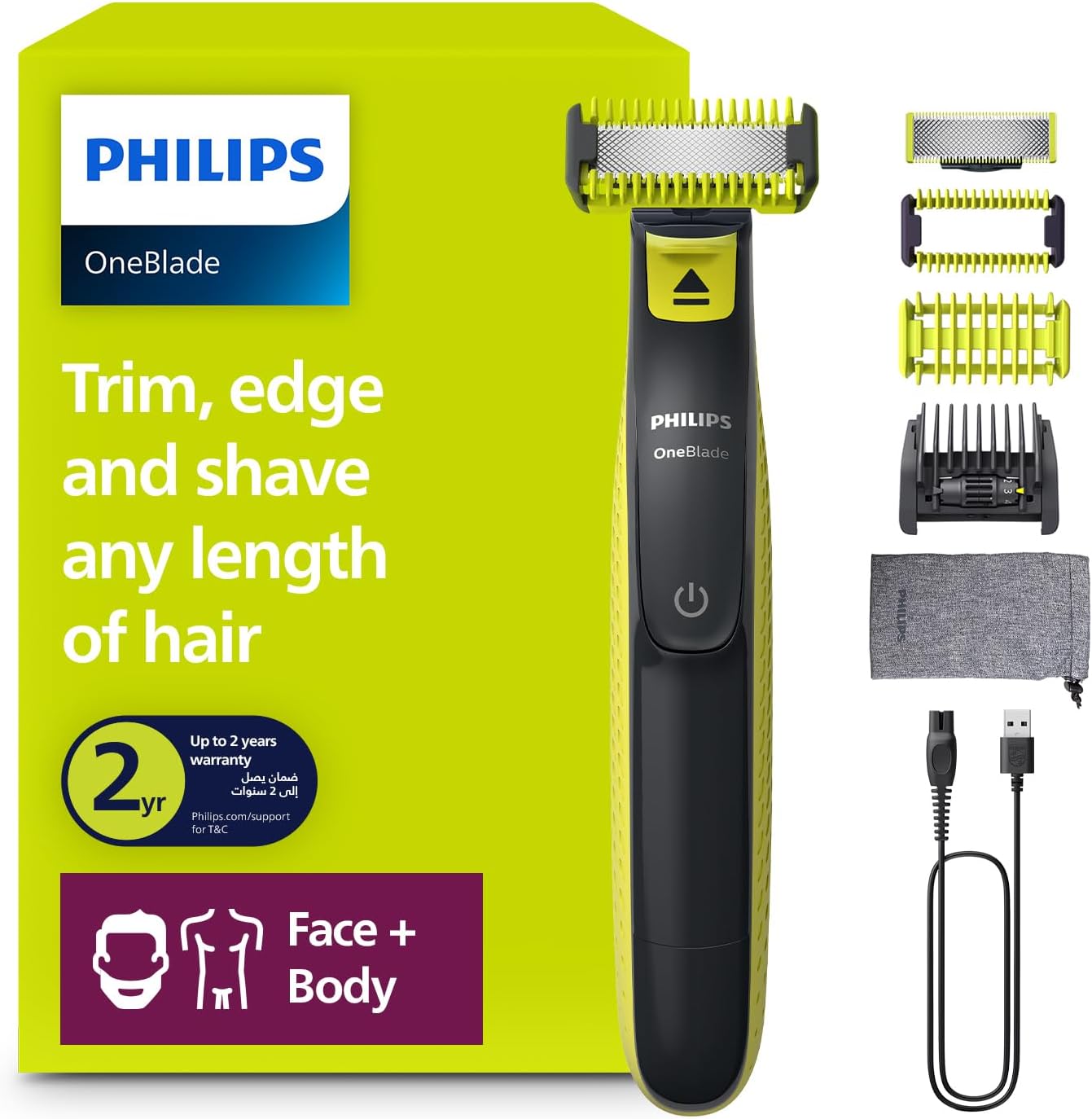 Philips OneBlade Face & Body QP2824/10 | Electric Beard Trimmer & Shaver | Dual-Sided Blade | Unique OneBlade Technology | 45min Cordless | Waterproof