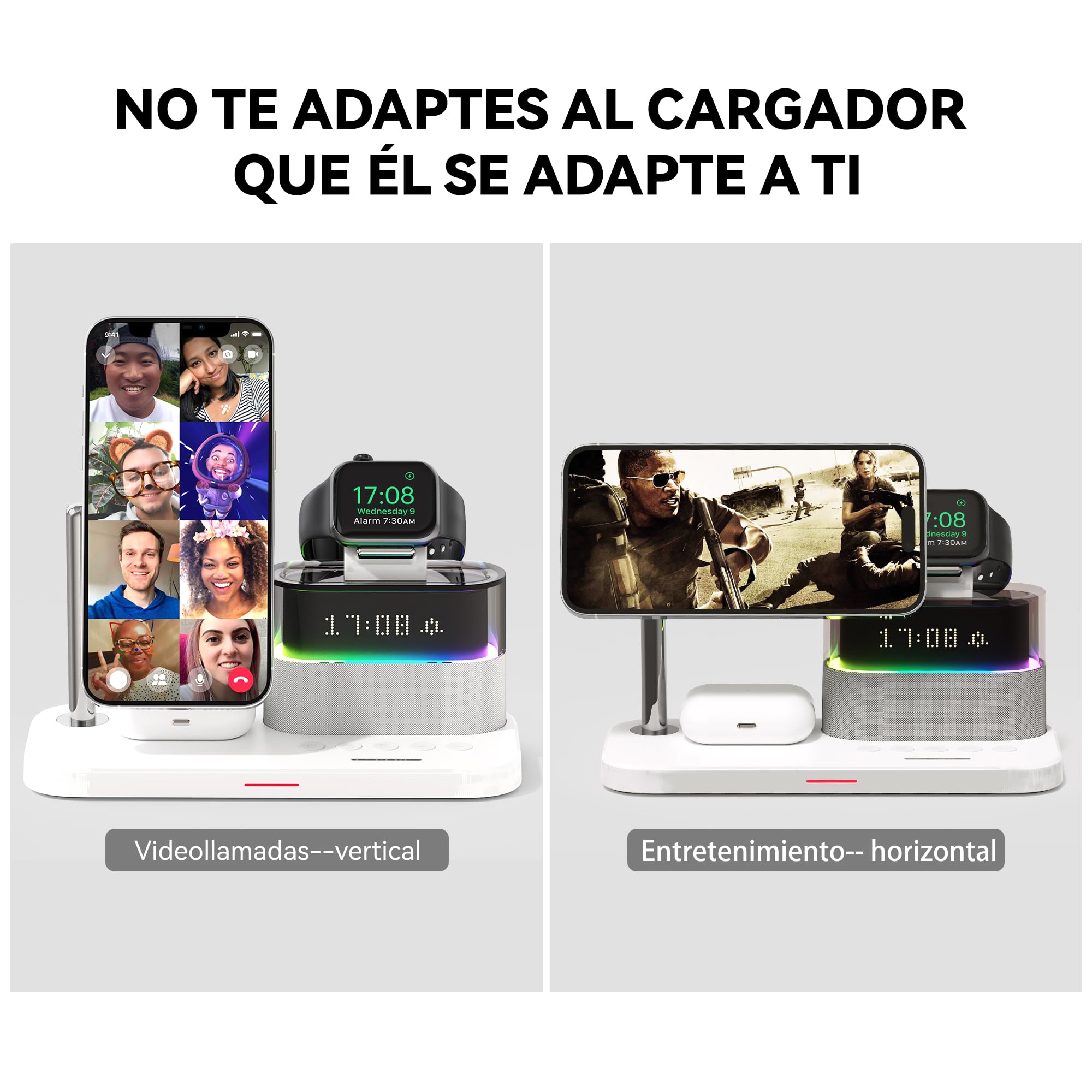 Cargador Inalámbrico 3 en 1 Qi2 15W Magnético para iPhone 17/16/15/14/13/12 Pro MAX, Apple Watch S10/9/8 y AirPods 4/3/2/Pro, Estación de Carga Rápida con Reloj LED y Luz RGB
