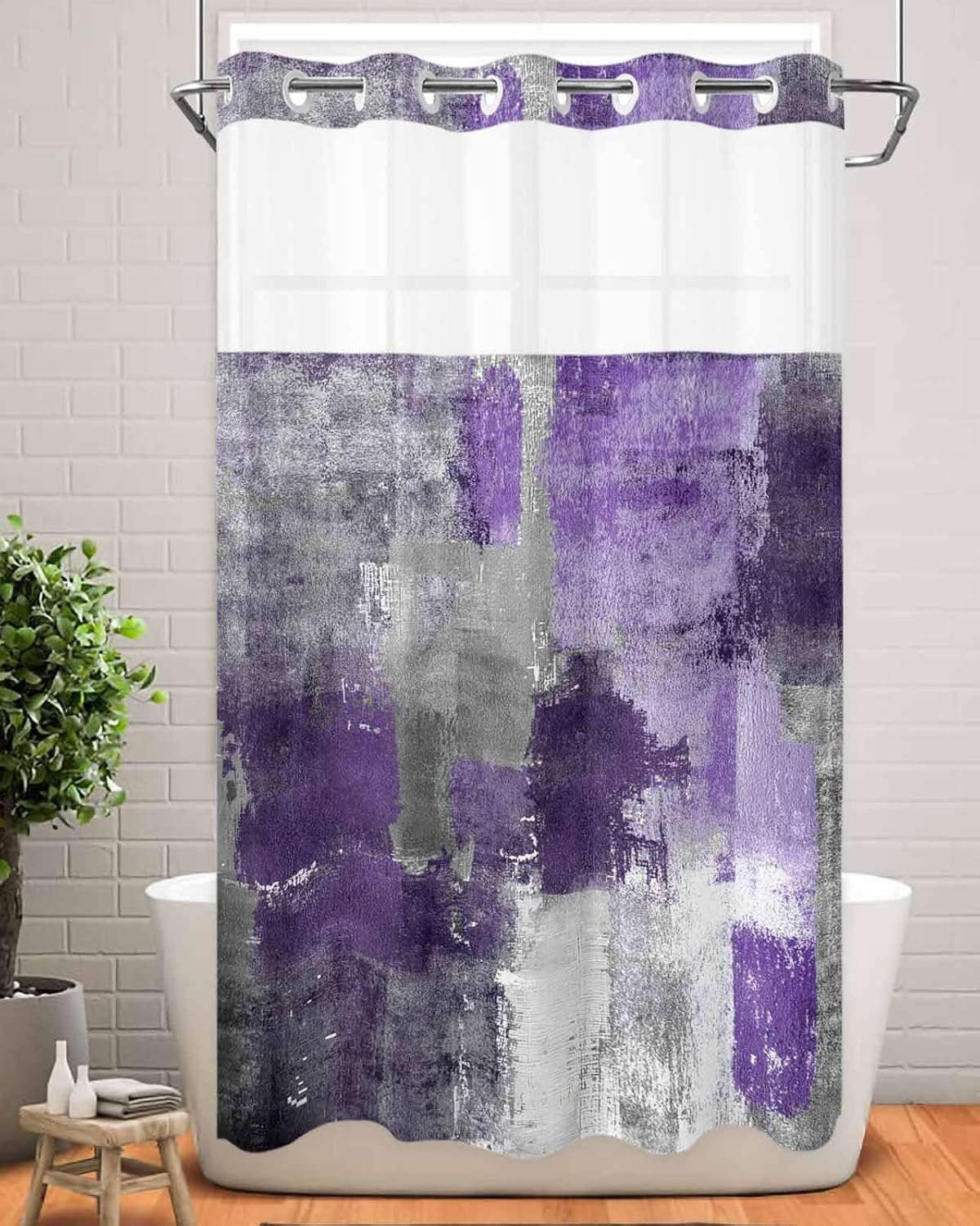 No Hook Shower Curtain with Snap in Fabric Liner Set-Abstract Purple Grey Smear Graffiti Bathroom Curtains with See Through Mesh Top Window,Oil Painting Art Waterproof Double Shower Curtain 36x78In