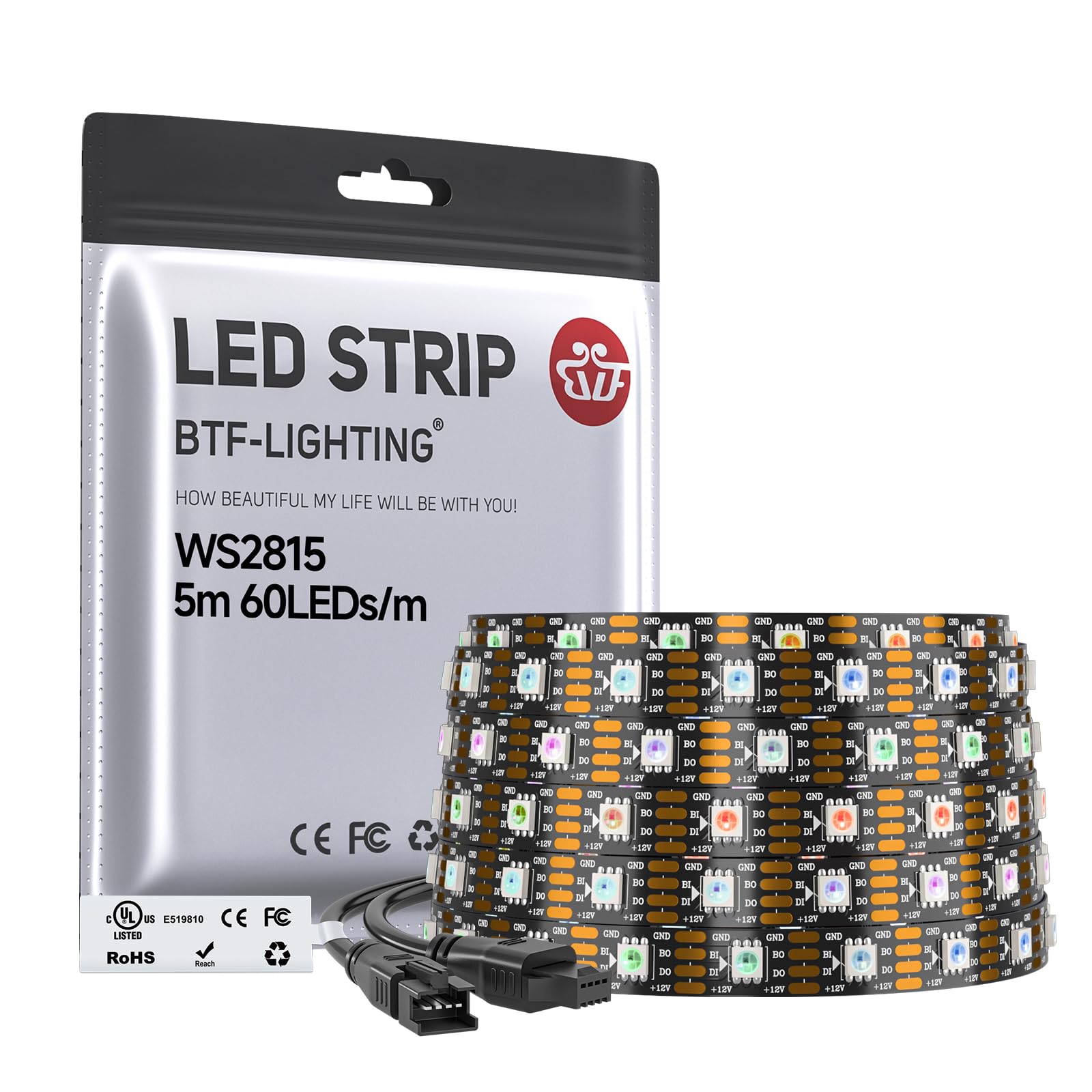 BTF-LIGHTING WS2815 (Upgraded WS2812B) LED Strip Light,UL Listed,16.4FT 300 LED/Pixels,Flexible Chasing RGB,Dual Signal Individually Addressable,5050SMD,3M Tape,DC12V IP30(No Adapter or Controller)