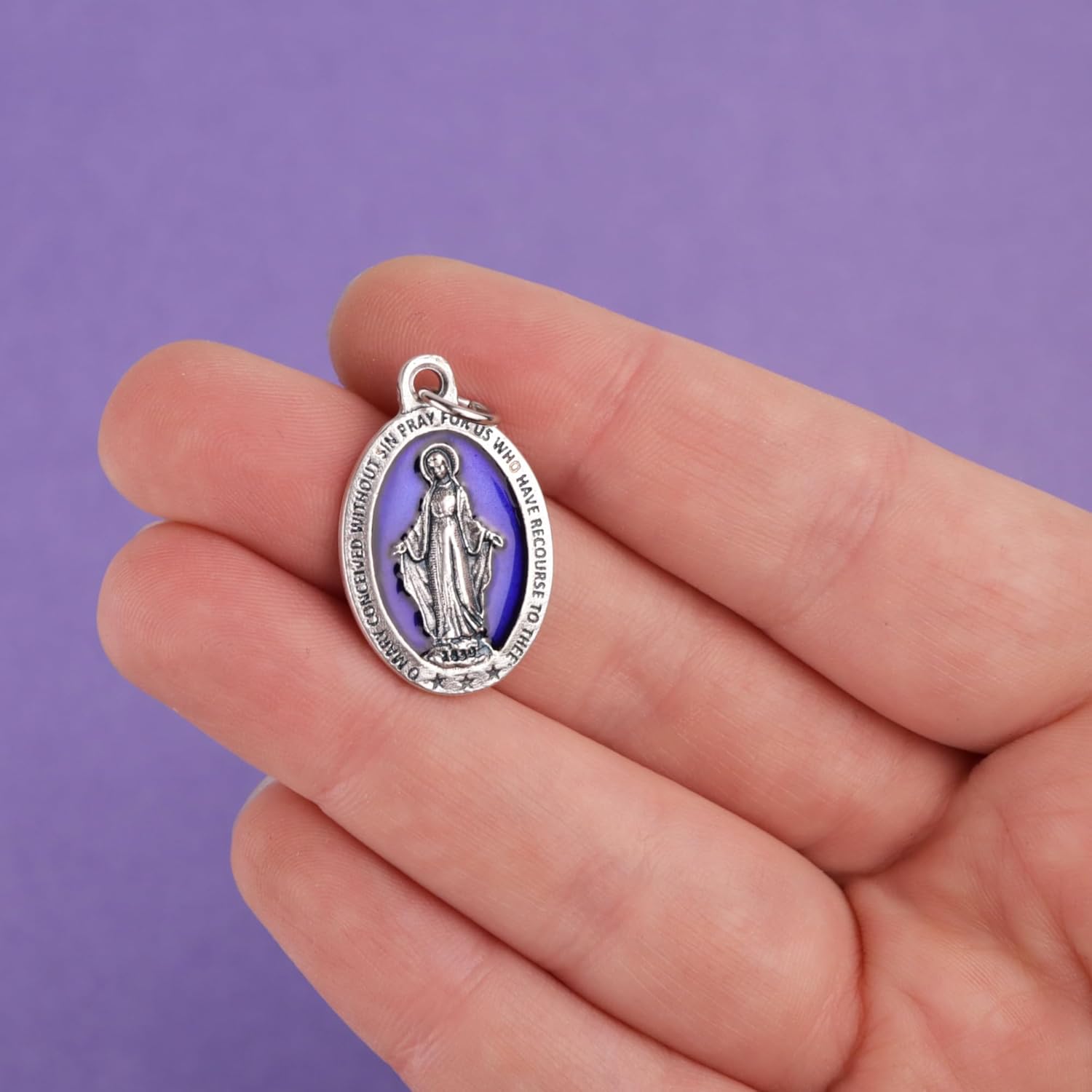 Needzo Blue Enameled Miraculous Medals, Premium Double Sided Silver Tone Pendants, Made in Italy, 1 Inch (Pack of 5) - Image 3