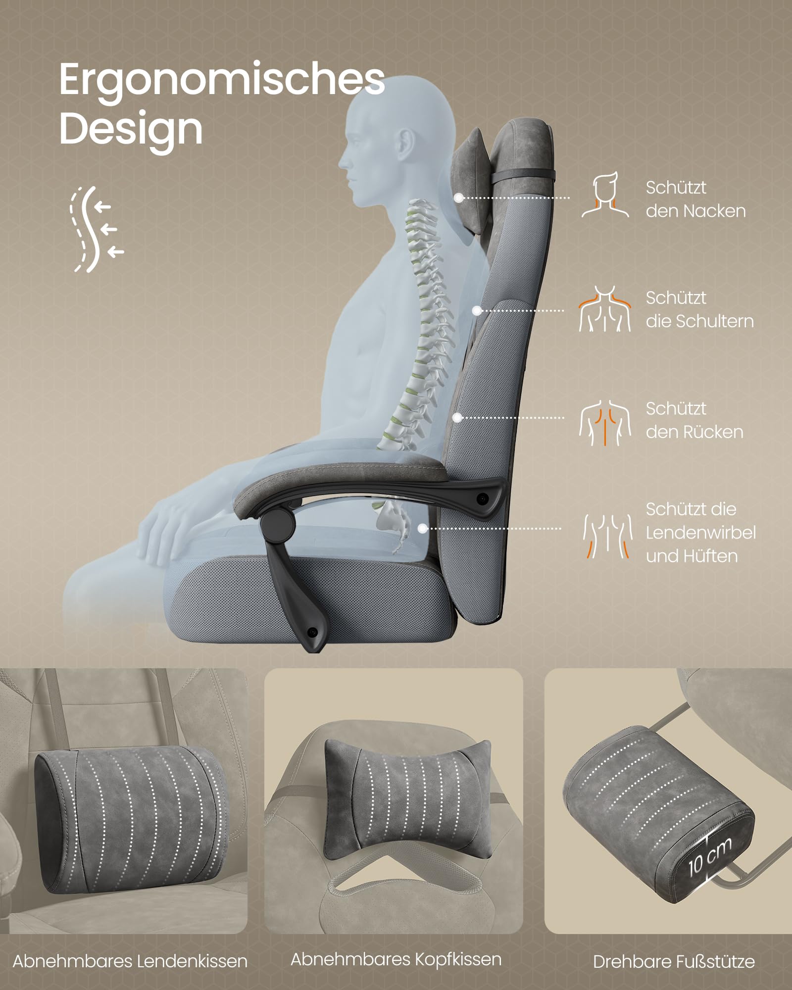 SONGMICS Gaming-Stuhl Bürostuhl ergonomisch Fußstütze Kopfkissen Lendenkissen 150 kg schiefergrau