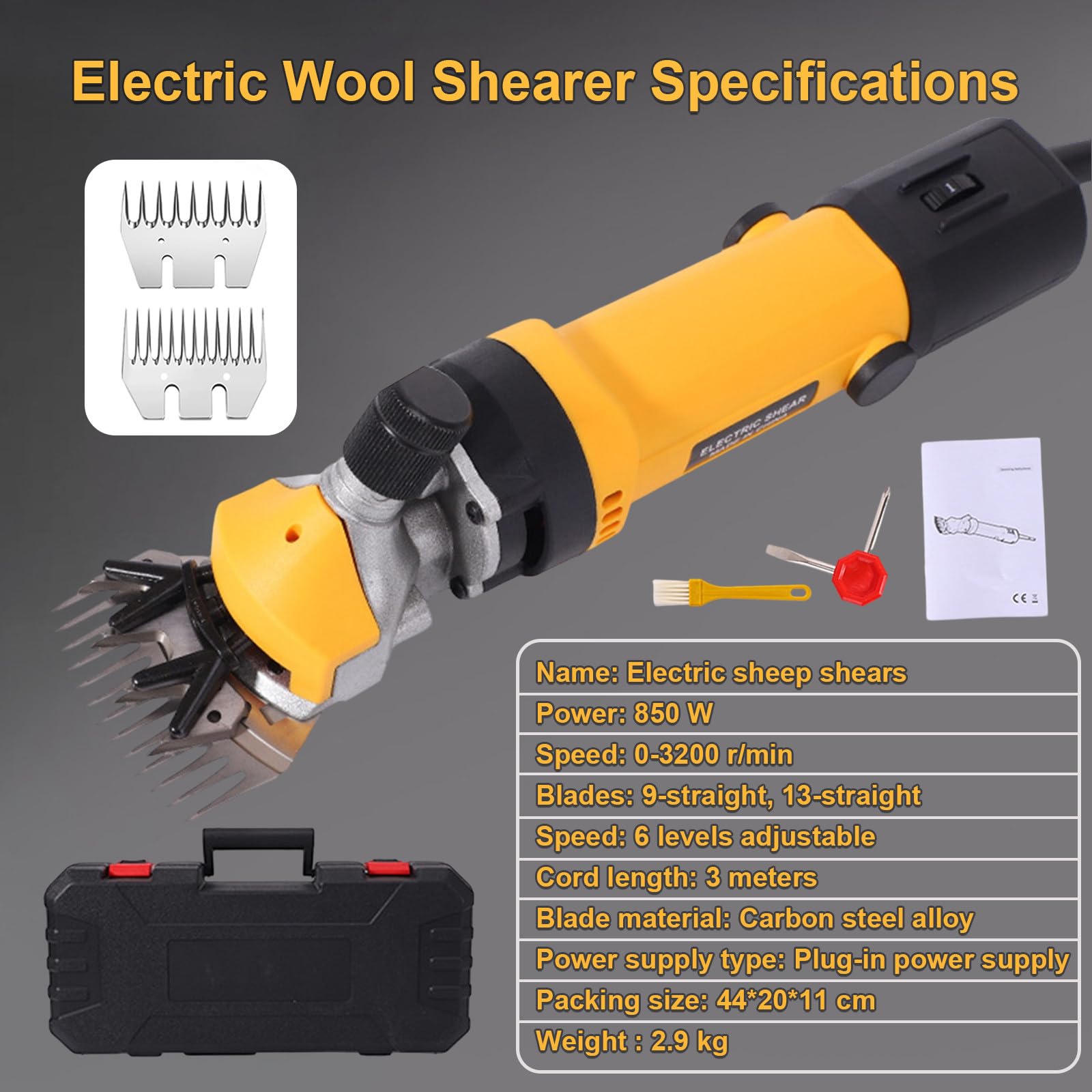 Tosatrice Elettrica per Pecore 850W - Tosatrice Compatta per Bestiame A 6 velocità con Lame A 9 E 13 Denti,per La Rasatura della Lana di Pecore,Capre,Alpaca E Bovini,3200 Giri/Min Yellow