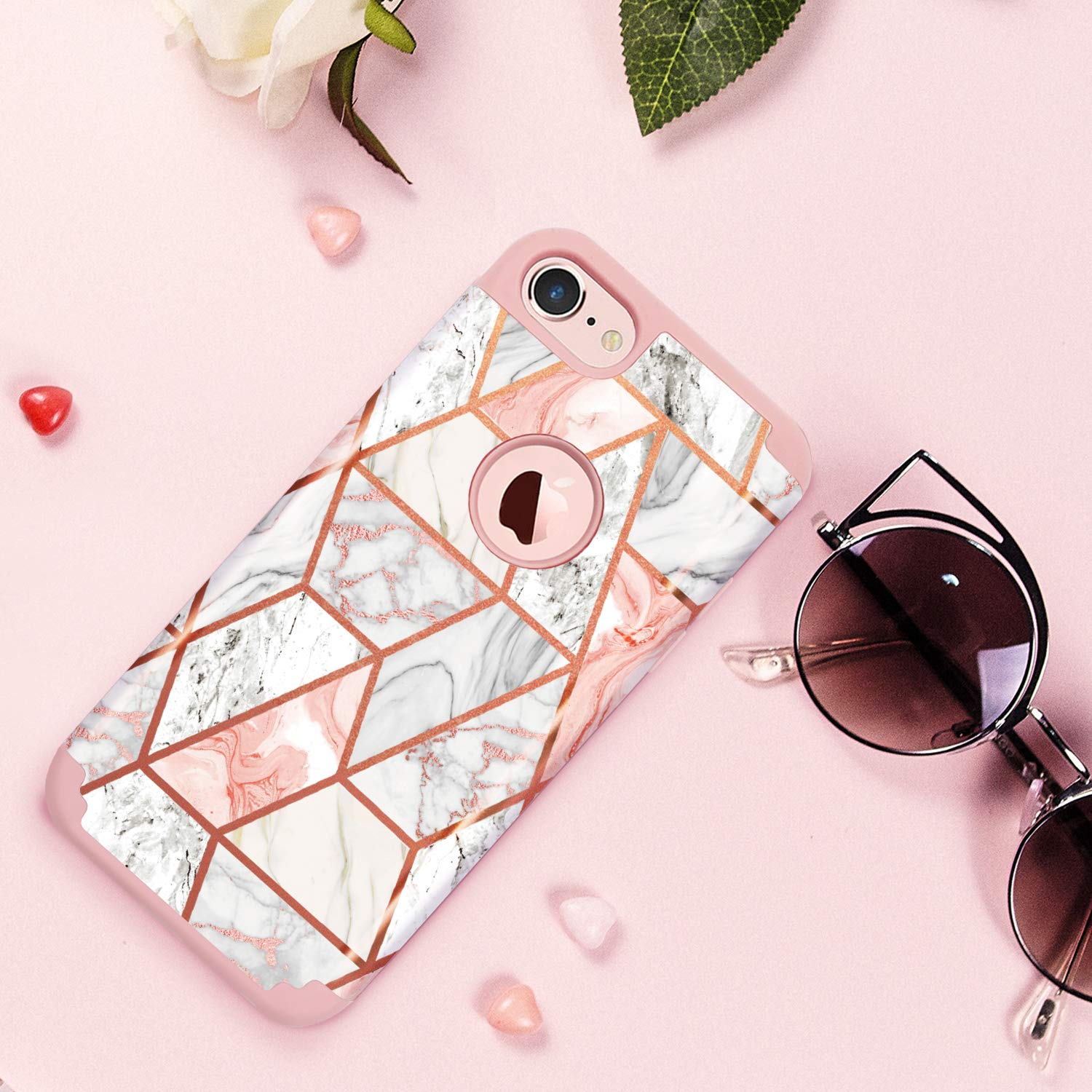 Custodia Fingic Per IPhone XR – Effetto Marmo Glitter Rosa, 2 Strati Silicone + PC